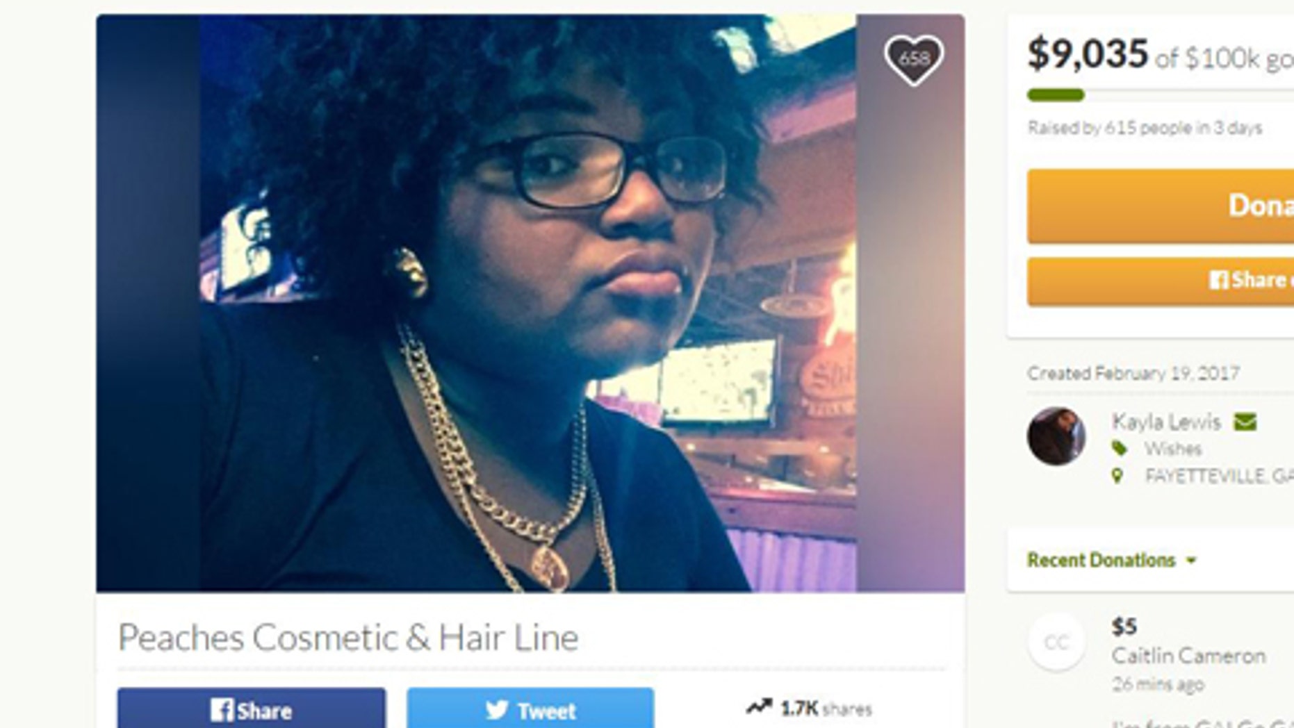 (Screenshot from www.gofundme.com/peaches-cosmetic-hair-line)