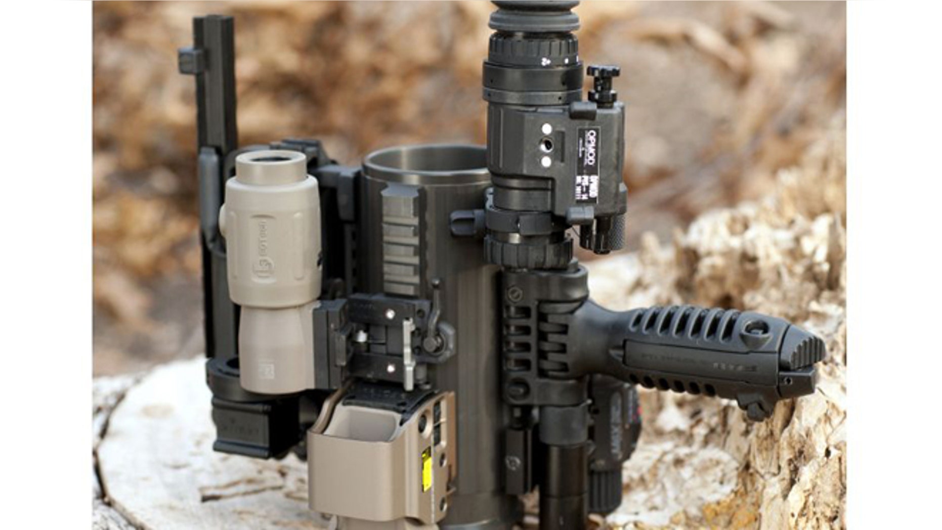 Underneath all the scopes and sights and handles sits a 24-ounce mug perfect for a hot coffee or a cold beer.