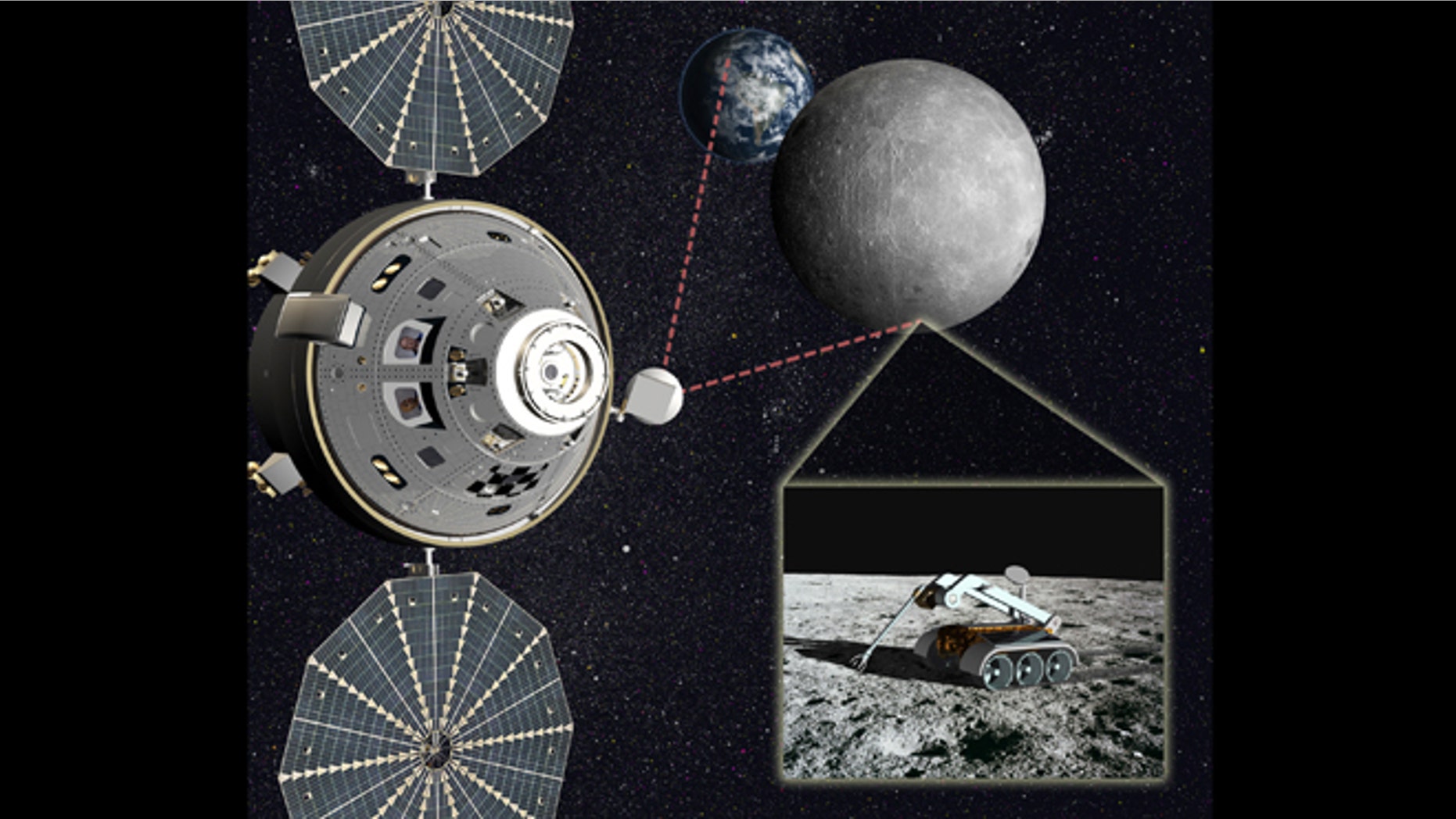Artist's concept of astronauts in an Orion capsule helping direct robotic teleoperations on the moon's farside.
