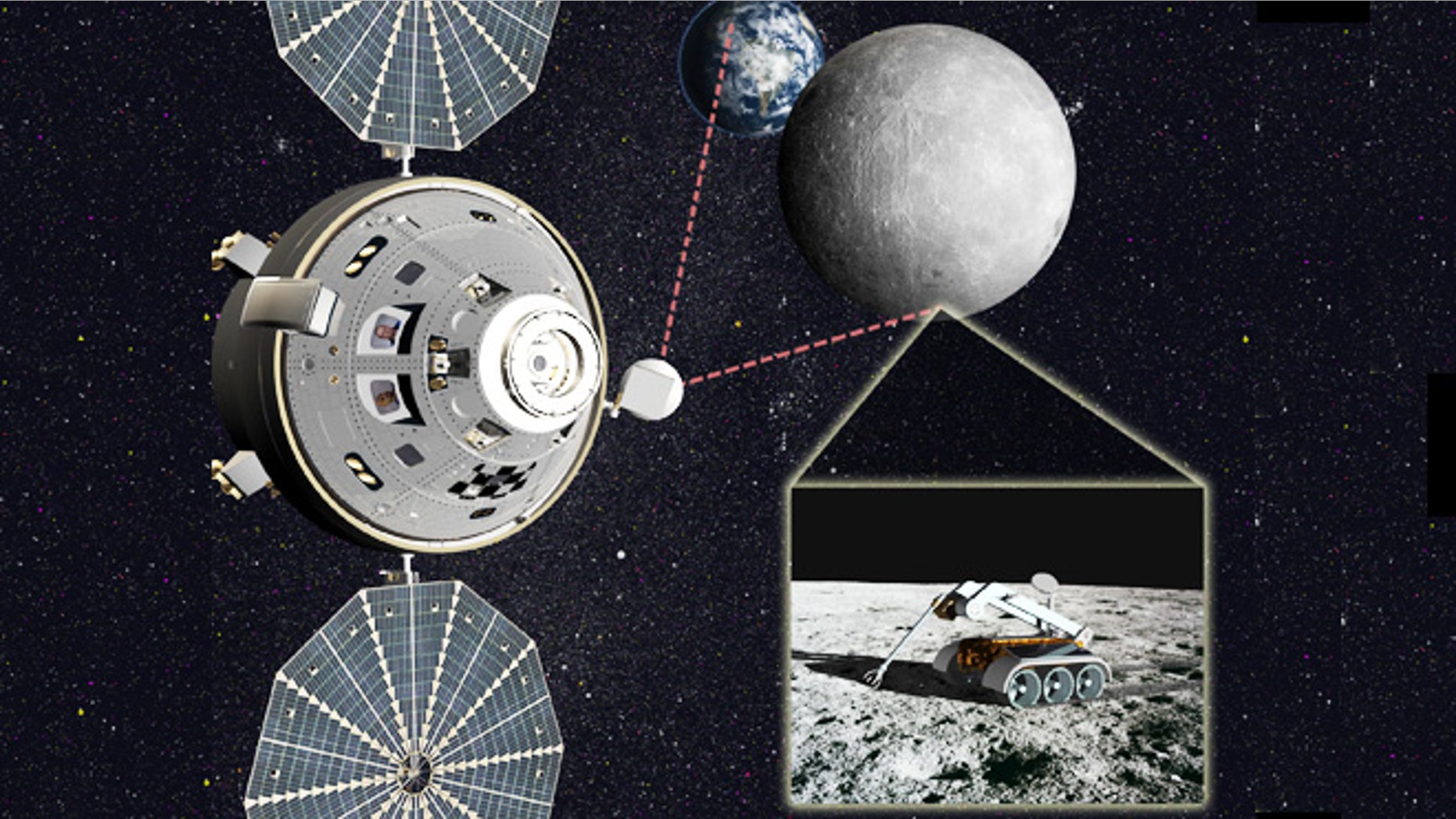 Artist's concept of astronauts in an Orion capsule helping direct robotic teleoperations on the moon's farside.