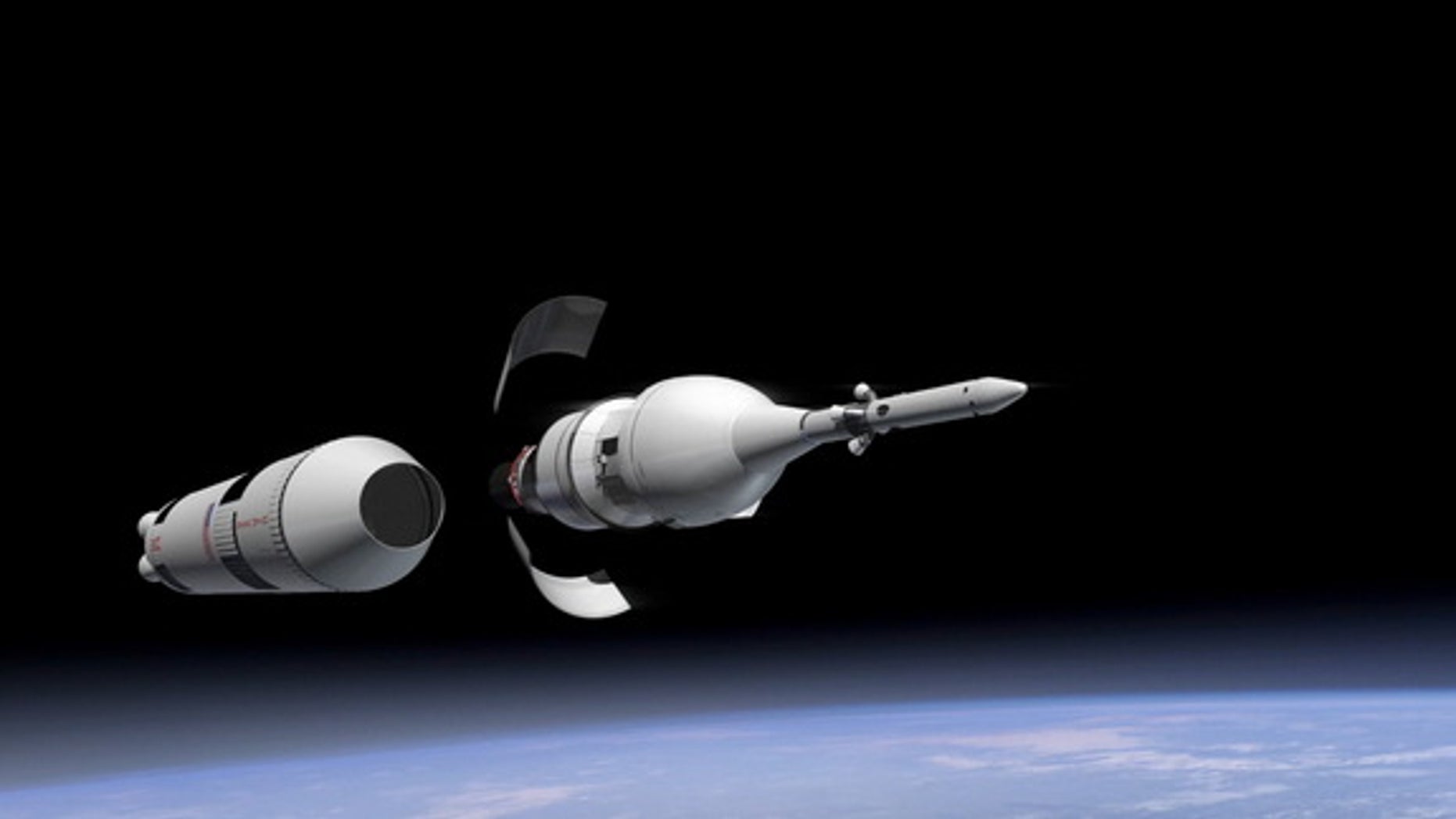 An artist's illustration of a portion of Orion's first test flight just after launch.