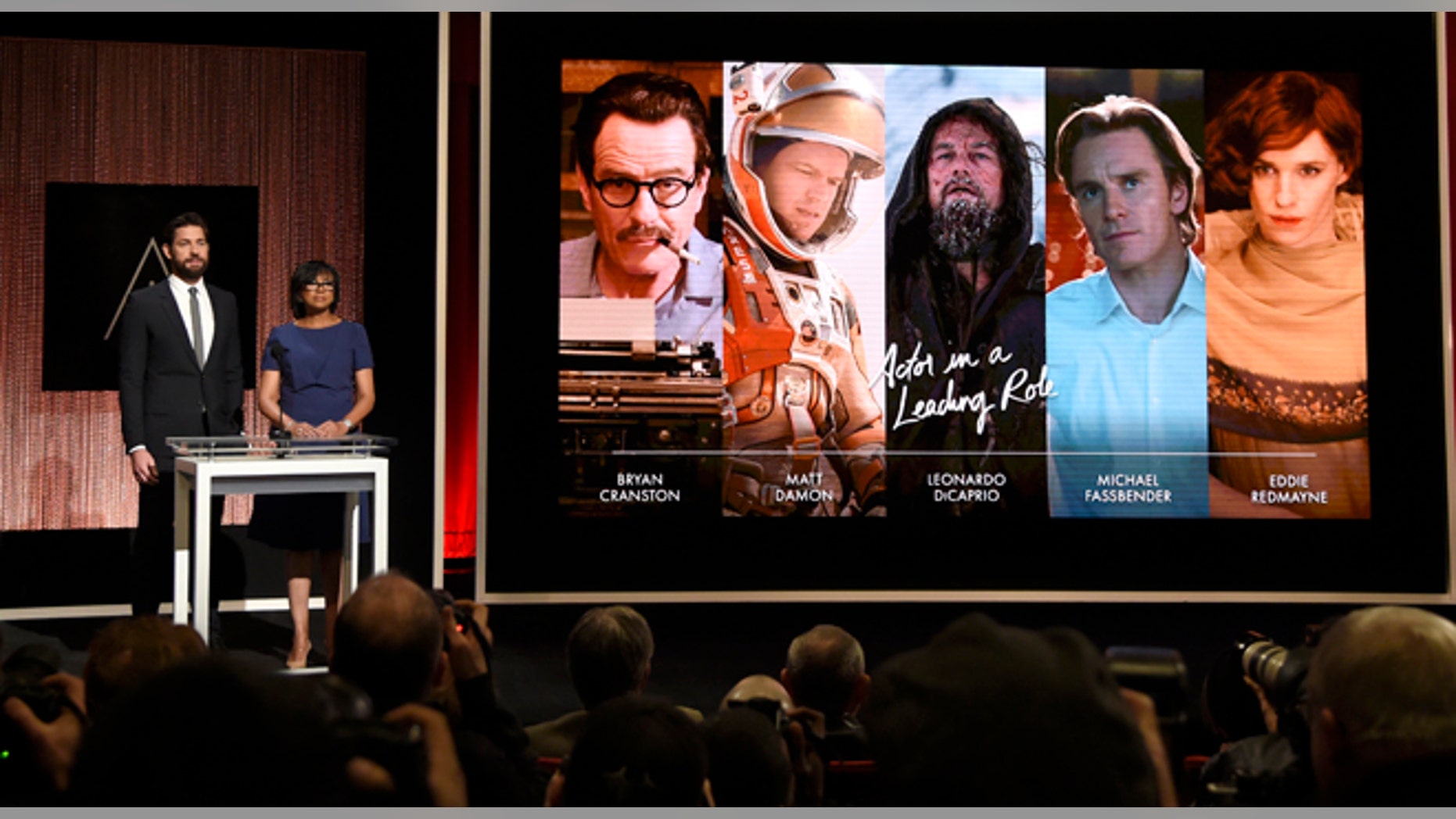 Jan. 14, 2016. John Krasinski, left, and Academy President Cheryl Boone Isaacs announce the Academy Awards nominations for best performance by an actor in a leading role at the 88th Academy Awards nomination ceremony in Beverly Hills, Calif.