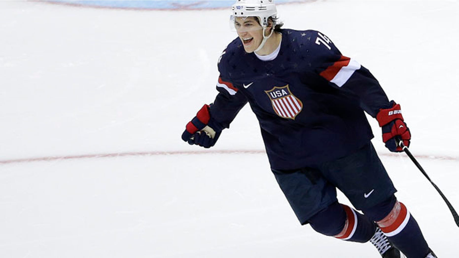 Feb. 15, 2014: USA forward T.J. Oshie reacts after scoring the winning goal against Russia goaltender Sergei Bobrovski in a shootout during overtime of a men's ice hockey game at the 2014 Winter Olympics.