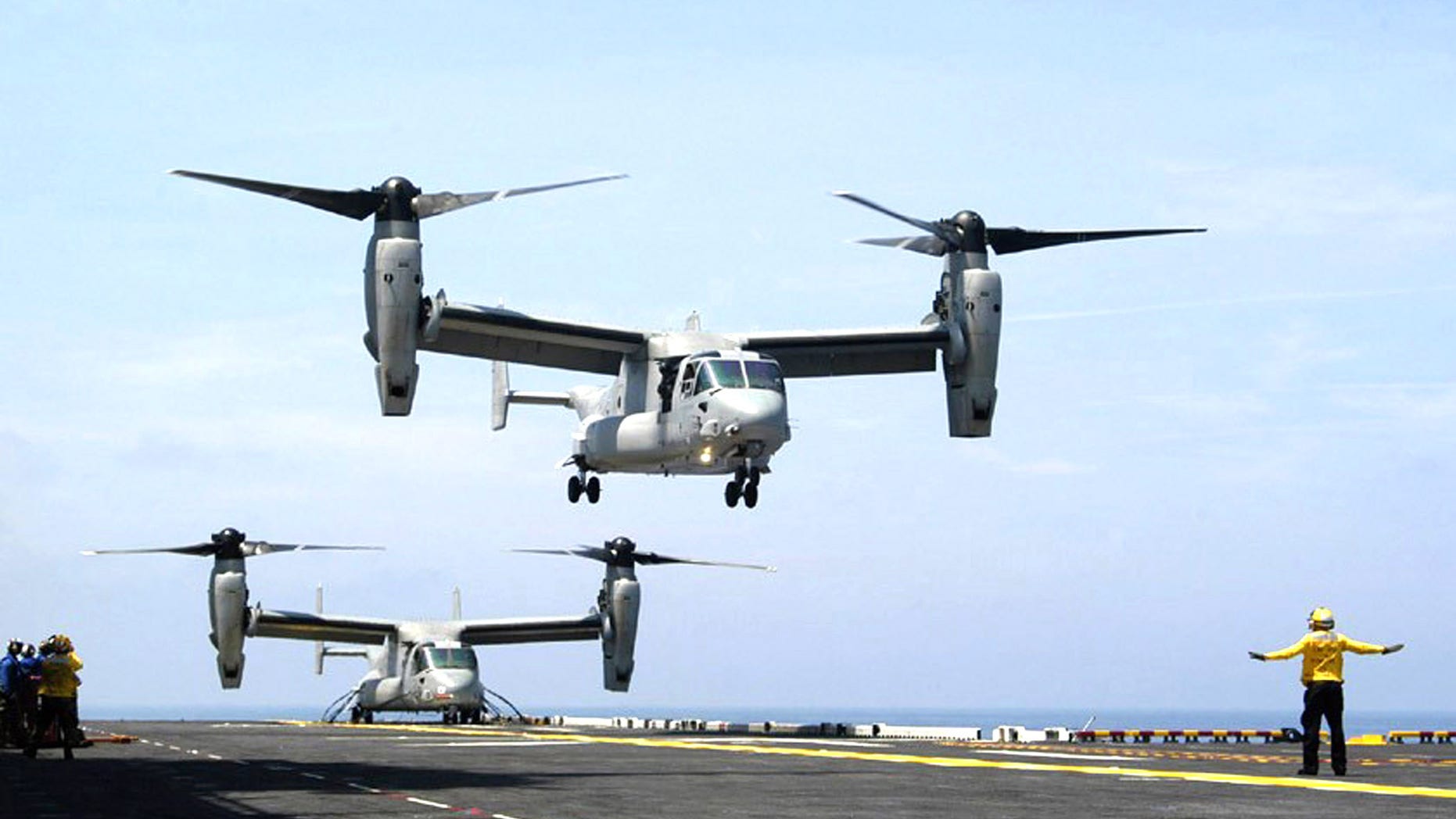 V-22 Osprey aircraft operate in close proximity during recent flight deck developmental testing.