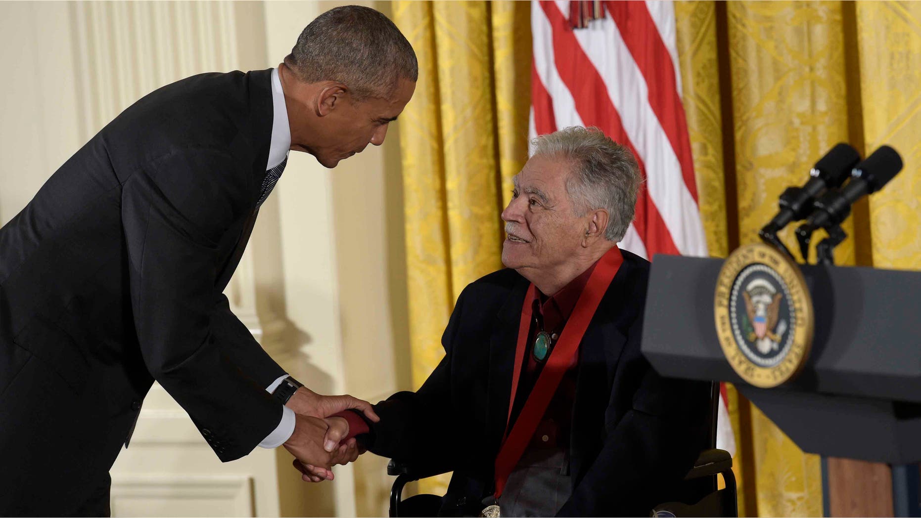 President Barack Obama shakes hands with author Rudolfo Anayaon Thursday, Sept. 22, 2016.