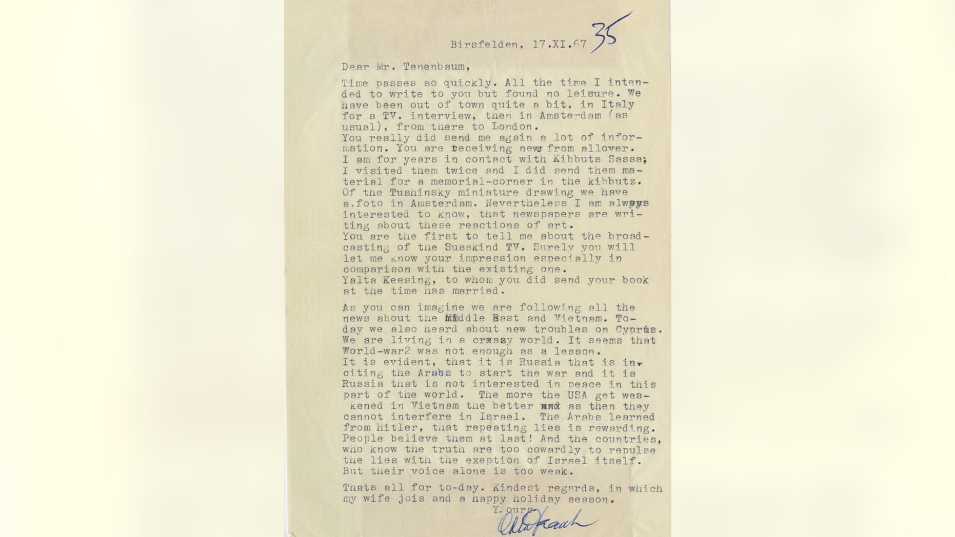 Otto Frank's letter on anti-Semitism.