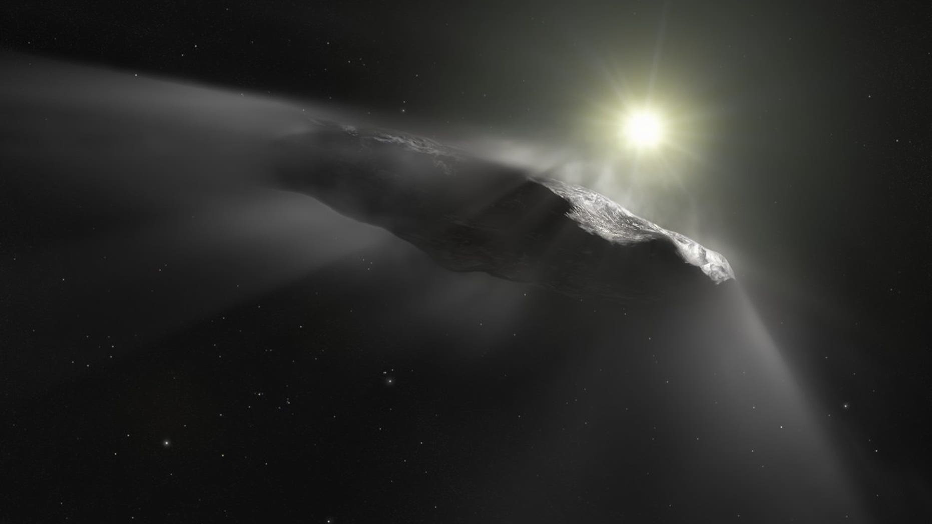 An artist's illustration of the interstellar object 'Oumuamua, which appears to be outgassing material. Scientists now suspect it is a comet after all, and not an asteroid.