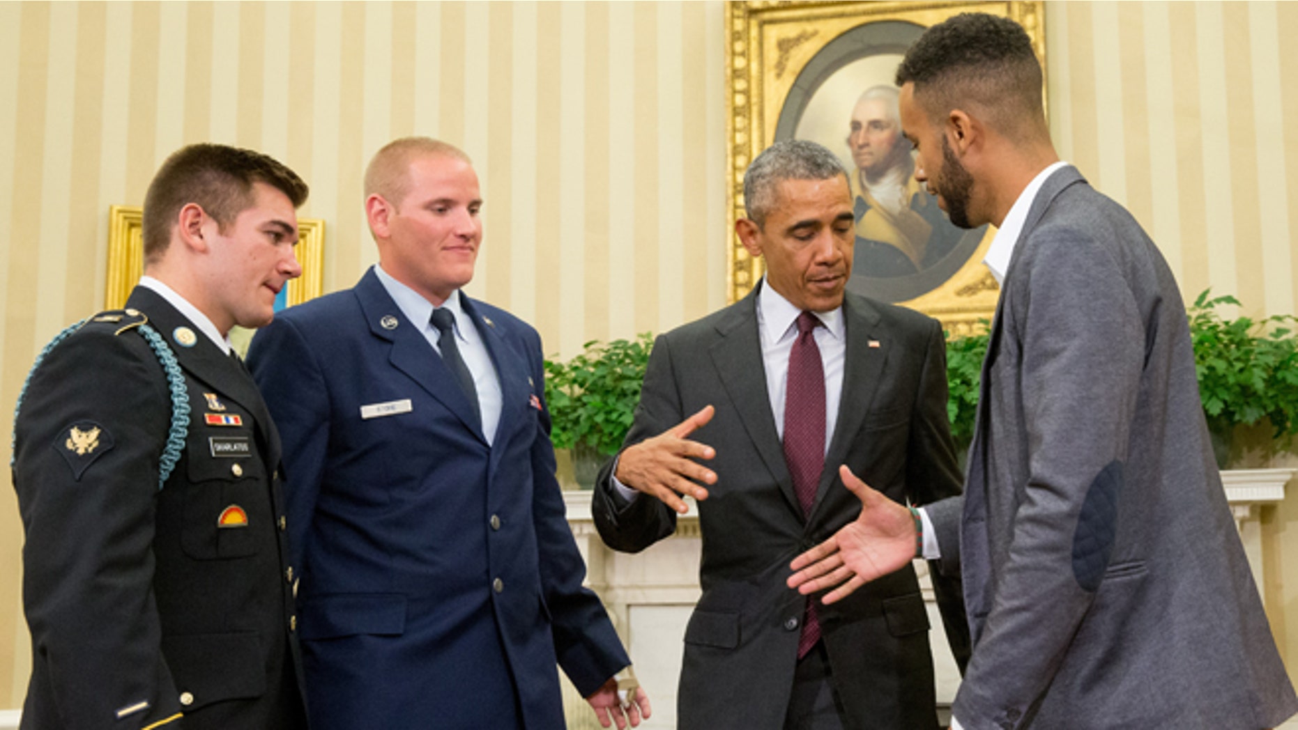 Sept. 17, 2015: President Obama meets with, from left, Oregon National Guardsman Alek Skarlatos, Air Force Airman 1st Class Spencer Stone, and Anthony Sadler, in the Oval Office of the White House in Washington.