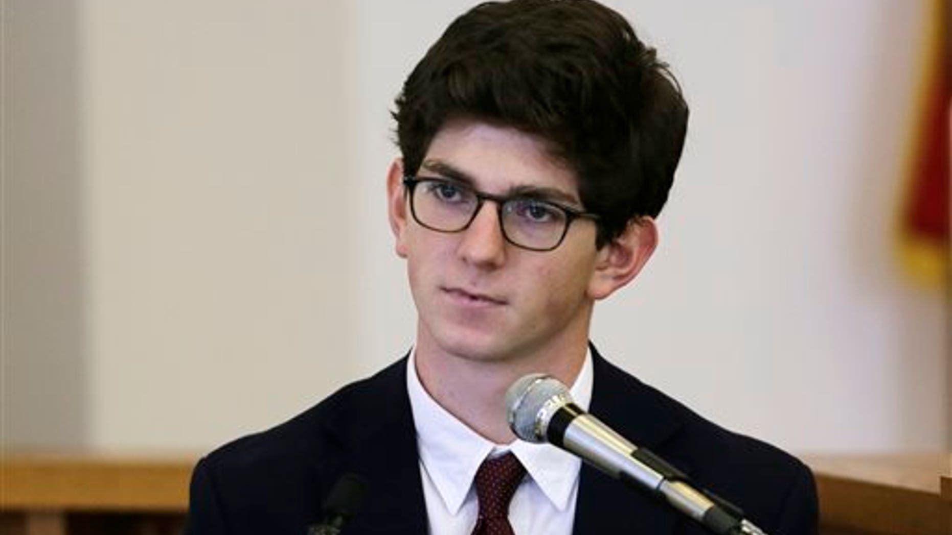 In this Aug. 26, 2015, file photo, former St. Paul's School student Owen Labrie testifies in his trial at Merrimack Superior Court in Concord, N.H. (AP Photo/Charles Krupa, Pool, File)