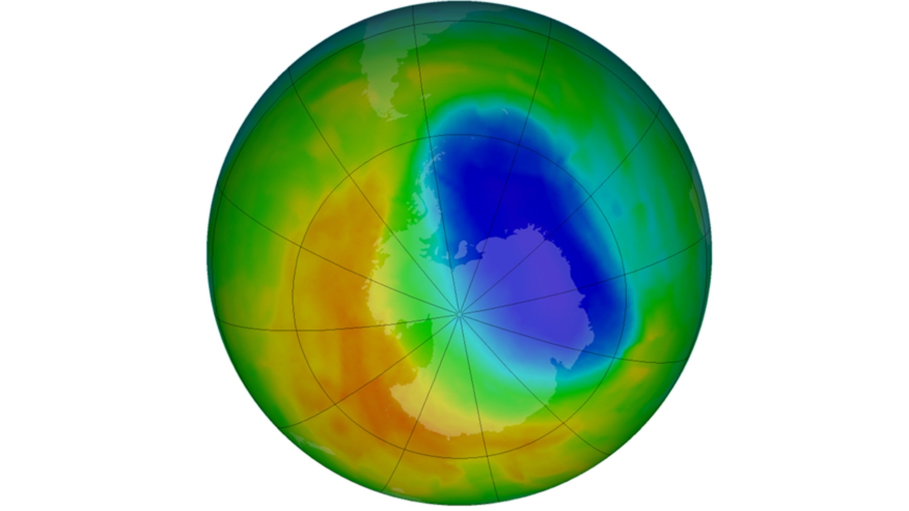 A false-color view of total ozone over the Antarctic pole is seen in this NASA handout image released October 24, 2012.