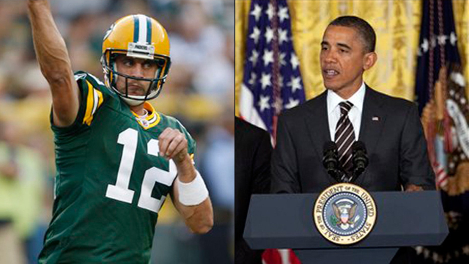 Shown here are Green Bay Packers quarterback Aaron Rodgers, left, and President Obama.