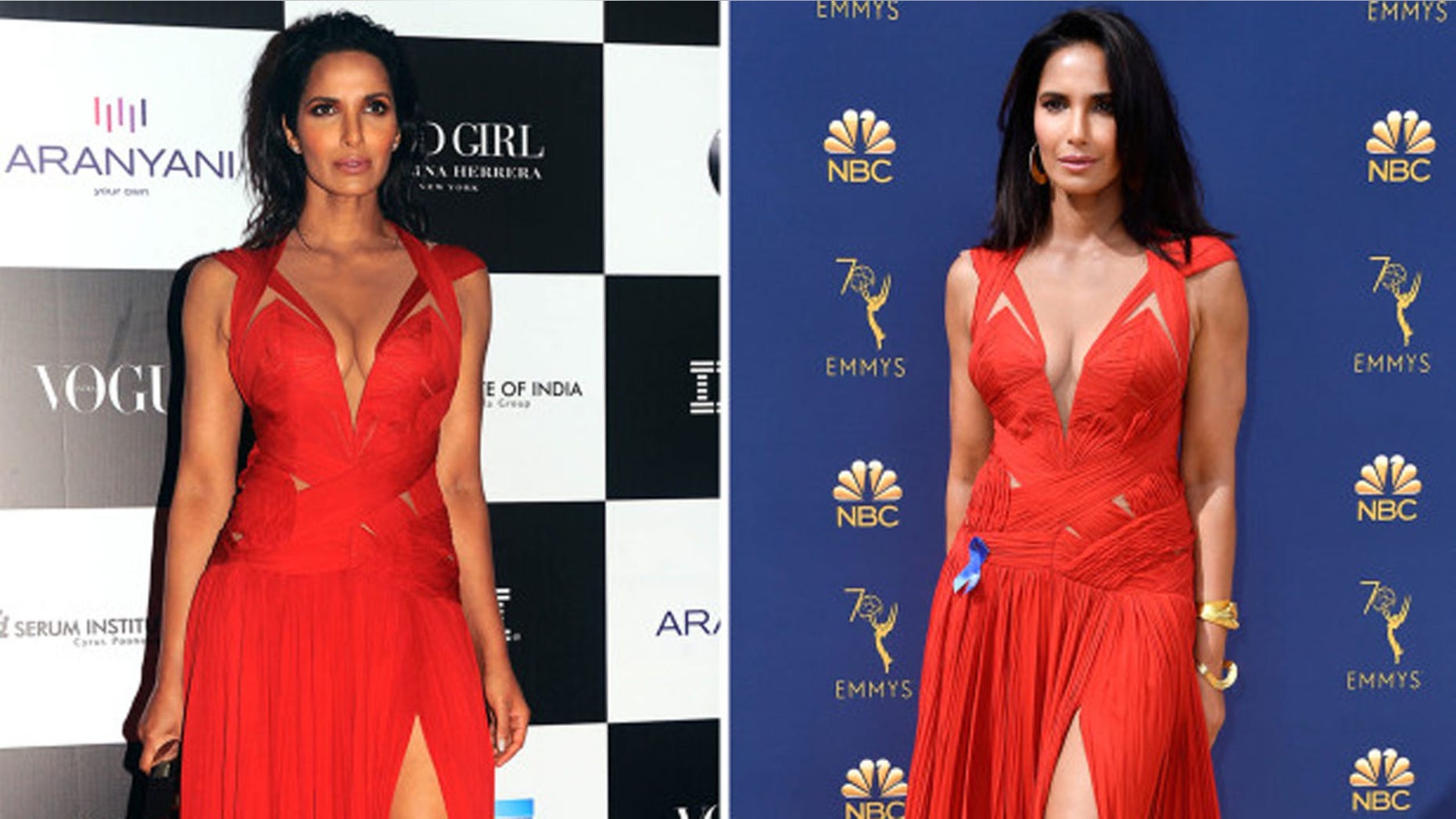 Padma Lakshmi outfit repeats her red Emmys gown, admits she wore it a year prior to last night's Emmy awards.