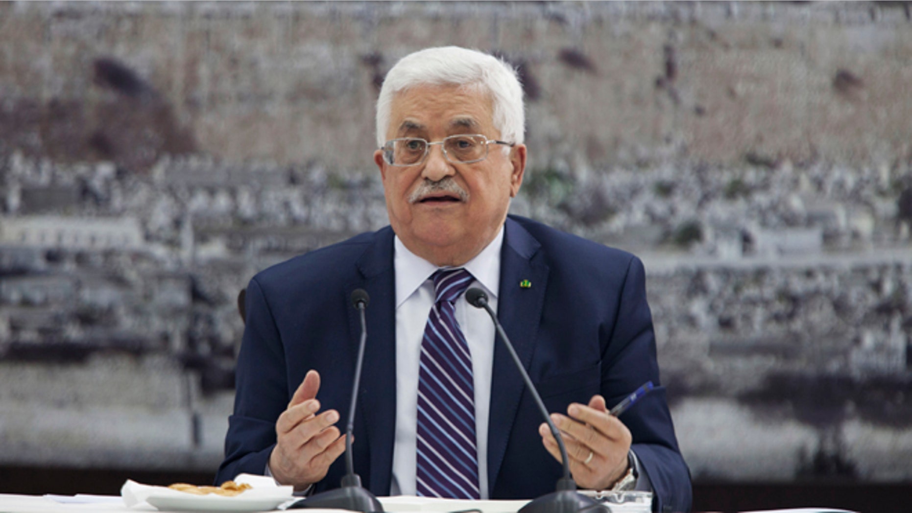 Apr.1 , 2014: Palestinian President Mahmoud Abbas talks during a leadership meeting in Ramallah.