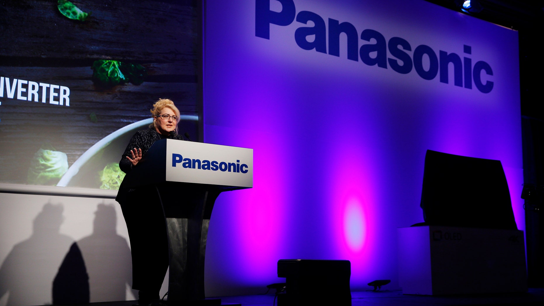 Julie Bauer, president of Panasonic Consumer Electronics Company and CMO of Panasonic Corporation of North America, speaks during a Panasonic news conference at CES Press Day at CES International, Tuesday, Jan. 5, 2016, in Las Vegas. (AP Photo/John Locher)