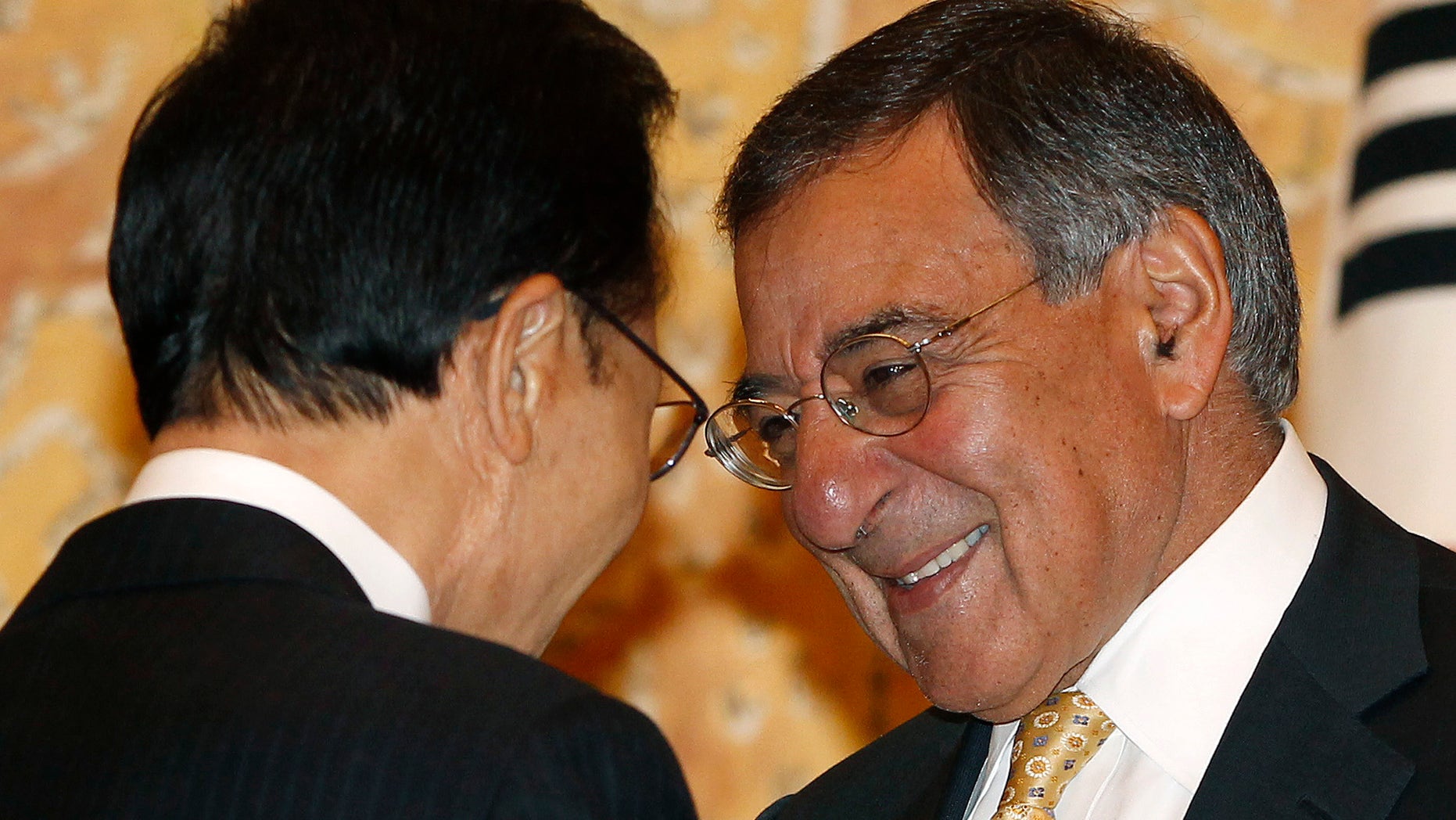 Visiting U.S. Defense Secretary Leon Panetta, right, listens to South Korean President Lee Myung-bak during their meeting at the presidential Blue House in Seoul Thursday, Oct. 27, 2011