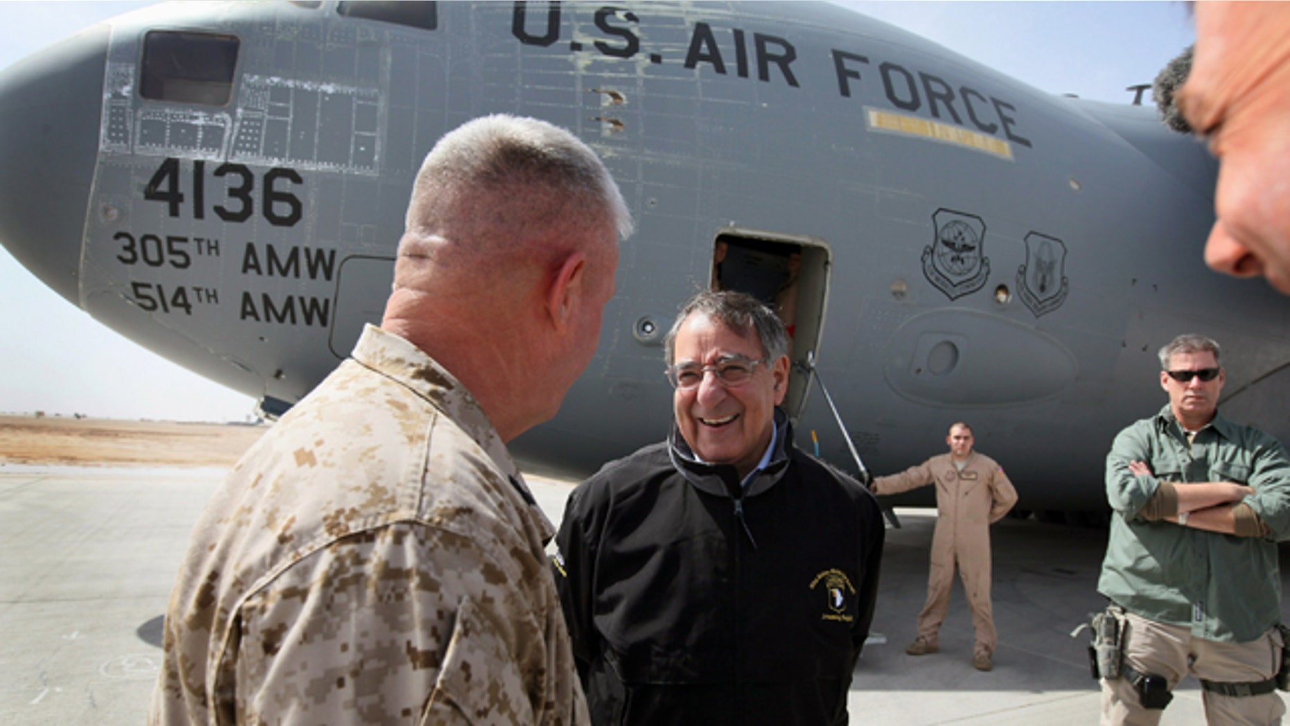 March 14, 2012: Defense Secretary Leon Panetta is greeted upon his arrival at Camp Bastion, Afghanistan. Panetta is scheduled to meet with troops and with President Karzai during his two-day visit to Afghanistan.