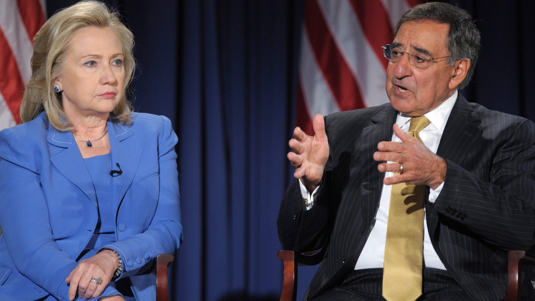 Defense Secretary Leon Panetta, accompanied by Secretary of State Hillary Rodham Clinton, speaks during an event at the National Defense University in Washington, Tuesday, Aug. 16, 2011.
