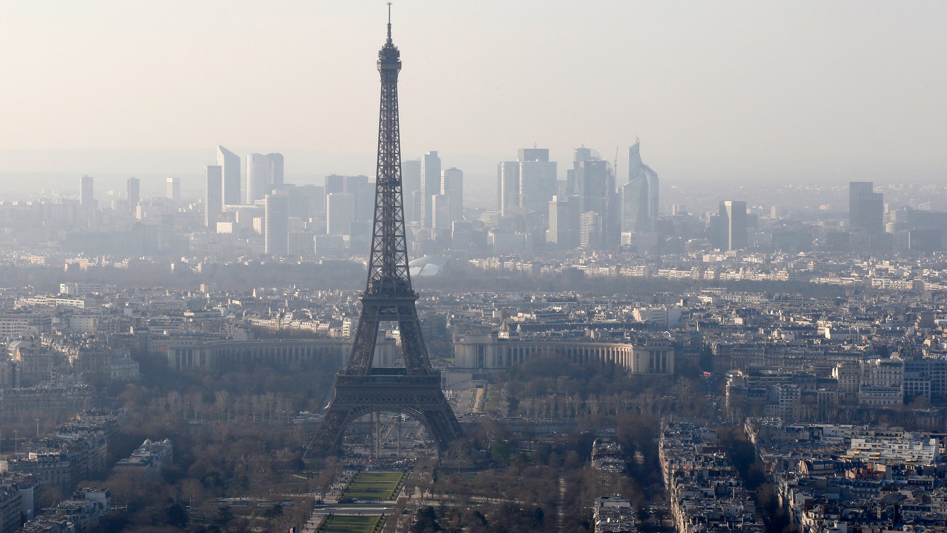 March 10, 2014: A general view of the Eiffel tower and La Defense business district skyline in the background as warm and sunny weather continues in France.