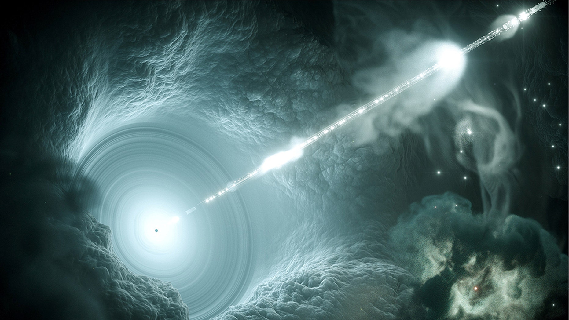 Artist's impression of the active galactic nucleus shows the supermassive black hole at the center of the accretion disk sending a narrow high-energy jet of matter into space, perpendicular to the disc in this image by Science Communication Lab in Kiel Germany, released on July 12, 2018. In a study published in the journal Science, researchers have determined that a supermassive black hole like this one is the source of high-energy neutrinos detected on Earth. Courtesy DESY, Science Communication Lab/Handout via REUTERS