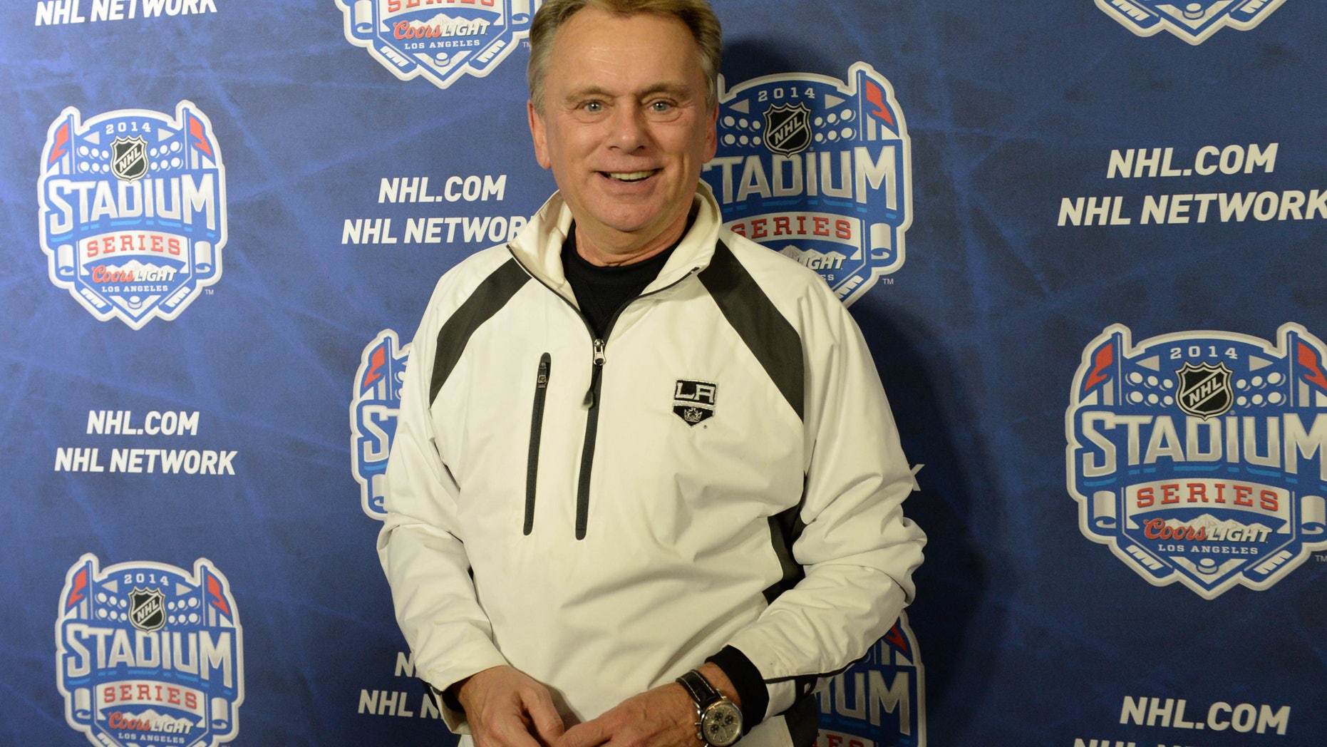 Jan 25, 2014. Pat Sajak arrives on the red carpet for the Stadium Series hockey game between the Anaheim Ducks and the Los Angeles Kings at Dodger Stadium.