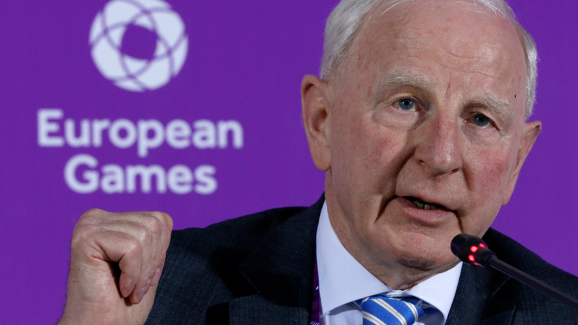 June 11, 2015: Patrick Hickey, the head of the European Olympic Committee speaks during a news conference on the eve of the opening of the 2015 European Games in Baku, Azerbaijan. Rio de Janeiro authorities have issued an arrest warrant for Hickey accused of scalping tickets for the Summer Games.