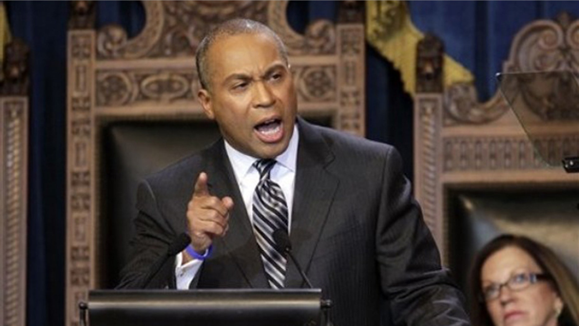 Massachusetts Gov. Deval Patrick addresses an audience in the House Chamber during his inaugural address in Boston Jan. 6.