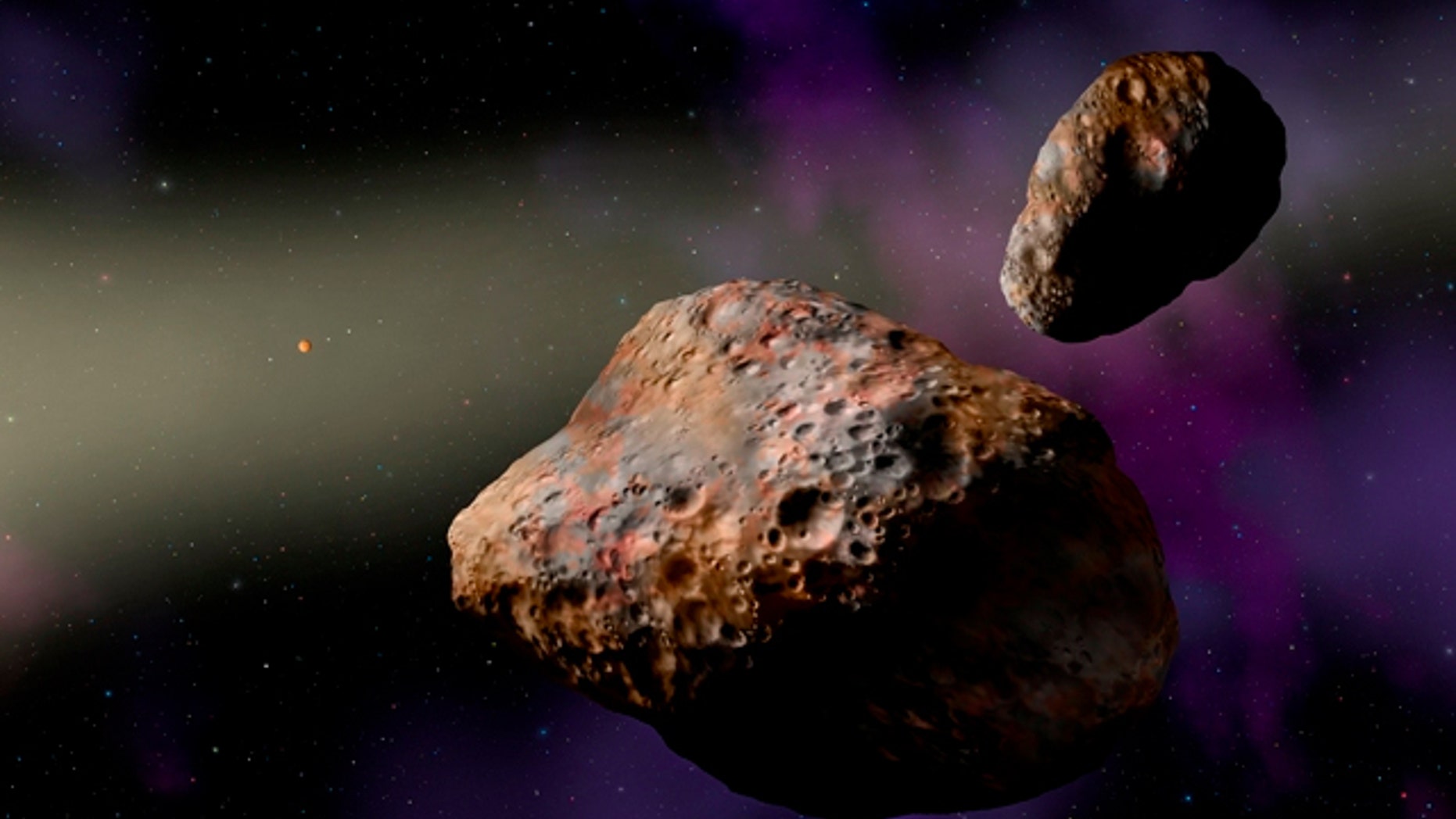 An artist's depiction of the binary asteroid Patroclus-Menoetius.