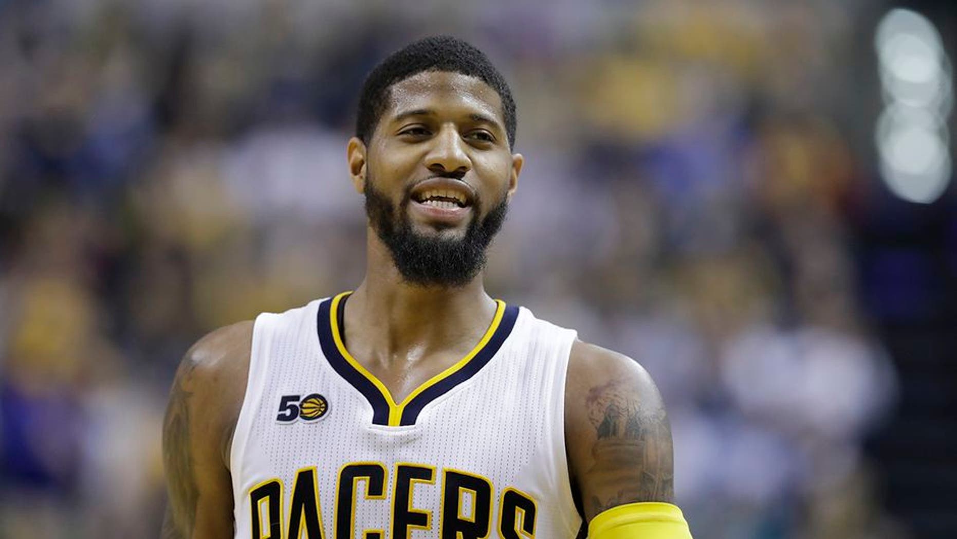 Indiana Pacers' Paul George in action during the second half of an NBA basketball game against the Atlanta Hawks, Wednesday, April 12, 2017, in Indianapolis. Indiana defeated Atlanta 104-86. (AP Photo/Darron Cummings)