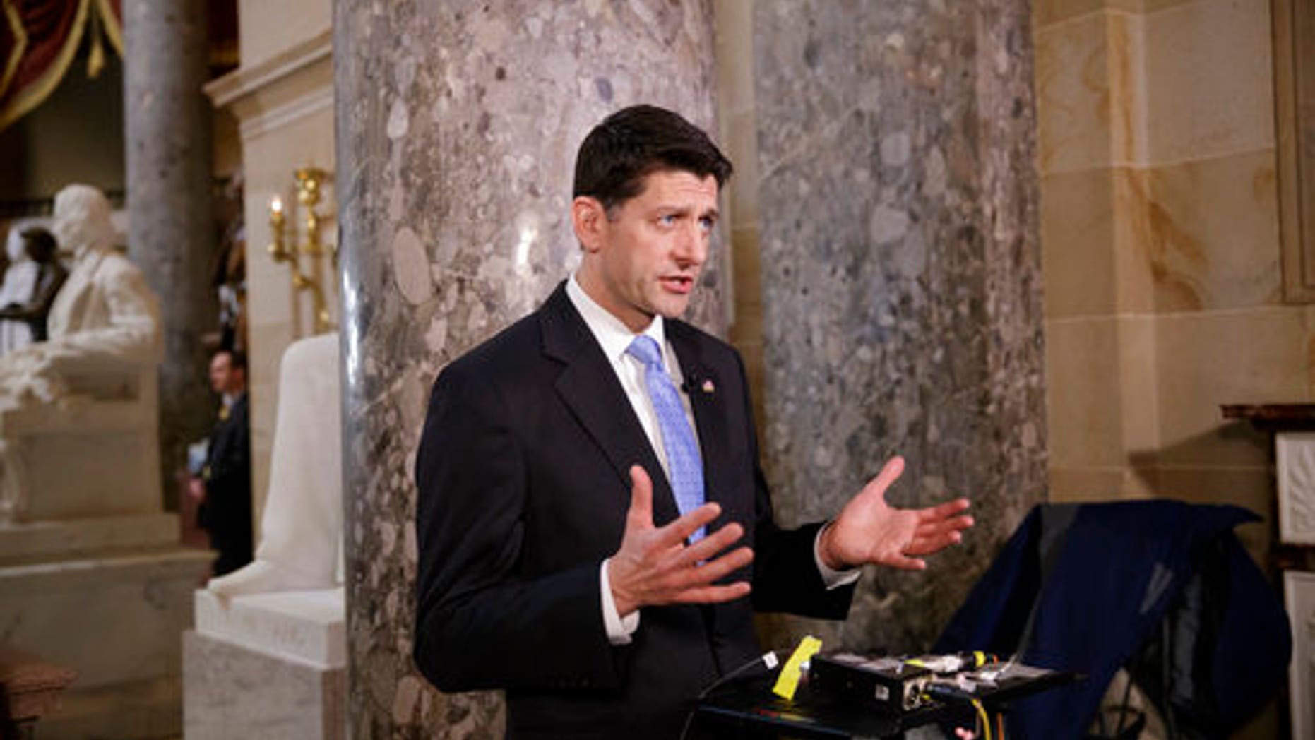 March 22, 2017: House Speaker Paul Ryan speaks during a TV interview in Statuary Hall on Capitol Hill in Washington.