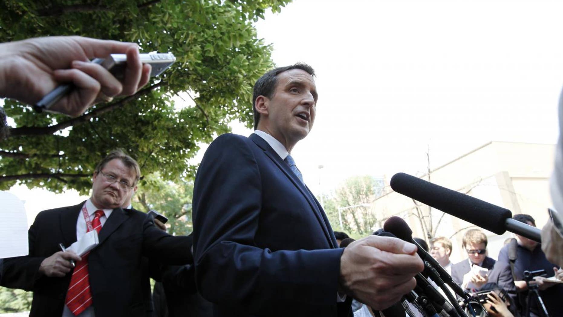 Republican presidential hopeful, former Minnesota Gov. Tim Pawlenty speaks to the media in front of the Cato Institute in Washington, Wednesday, May 25, 2011. (AP Photo/Alex Brandon)