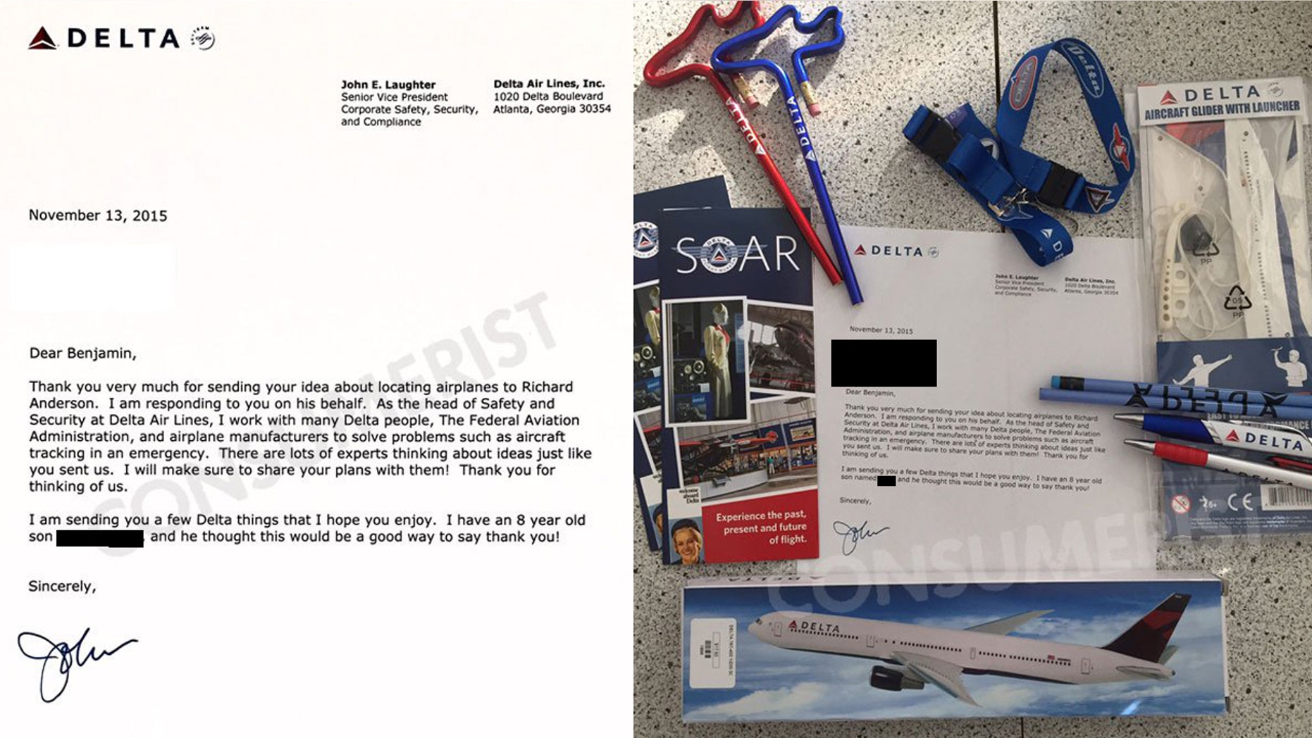 Delta swag sent to a young inventor.