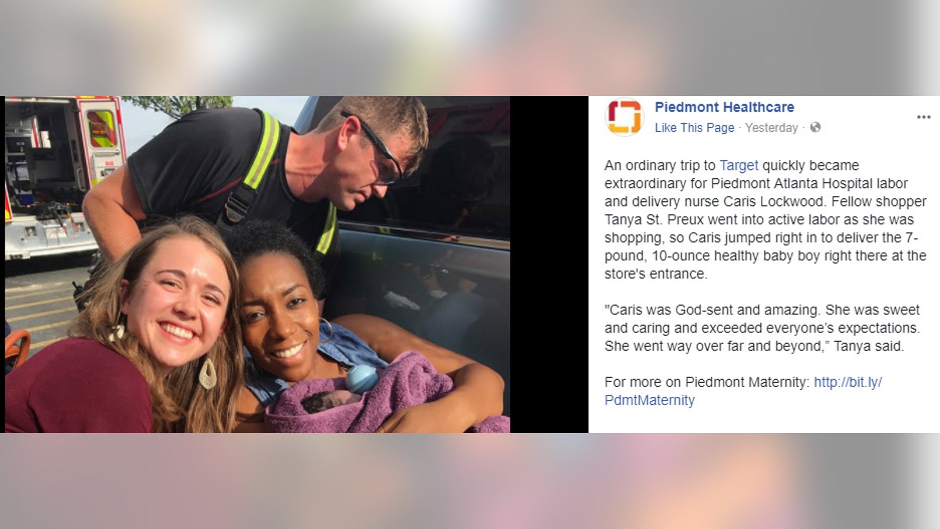 Piedmont Healthcare shared a photo of labor and delivery nurse, Caris Lockwood, and new mom Tanya St. Preux