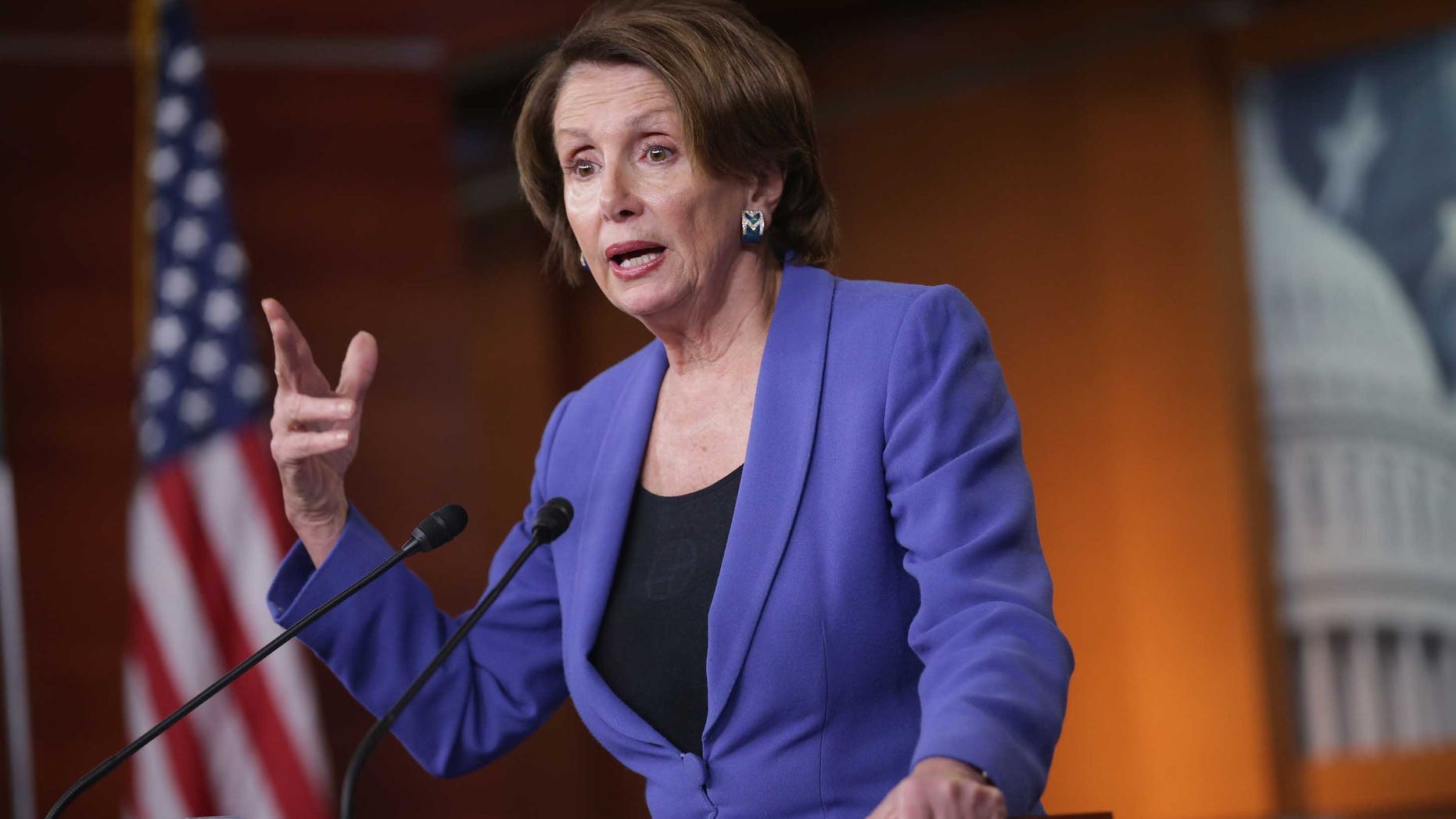 WASHINGTON, DC - FEBRUARY 12: House Minority Leader Nancy Pelosi (D-CA) holds her weekly news conference in the Capitol Visitors Center at the U.S. Captiol February 12, 2015 in Washington, DC. Pelosi said President Barack Obama's request for the authorization of the use of military force against the group calling itself the Islamic State is a rare document because it actually calls for a limitation in the president's authority to command U.S. forces. (Photo by Chip Somodevilla/Getty Images)