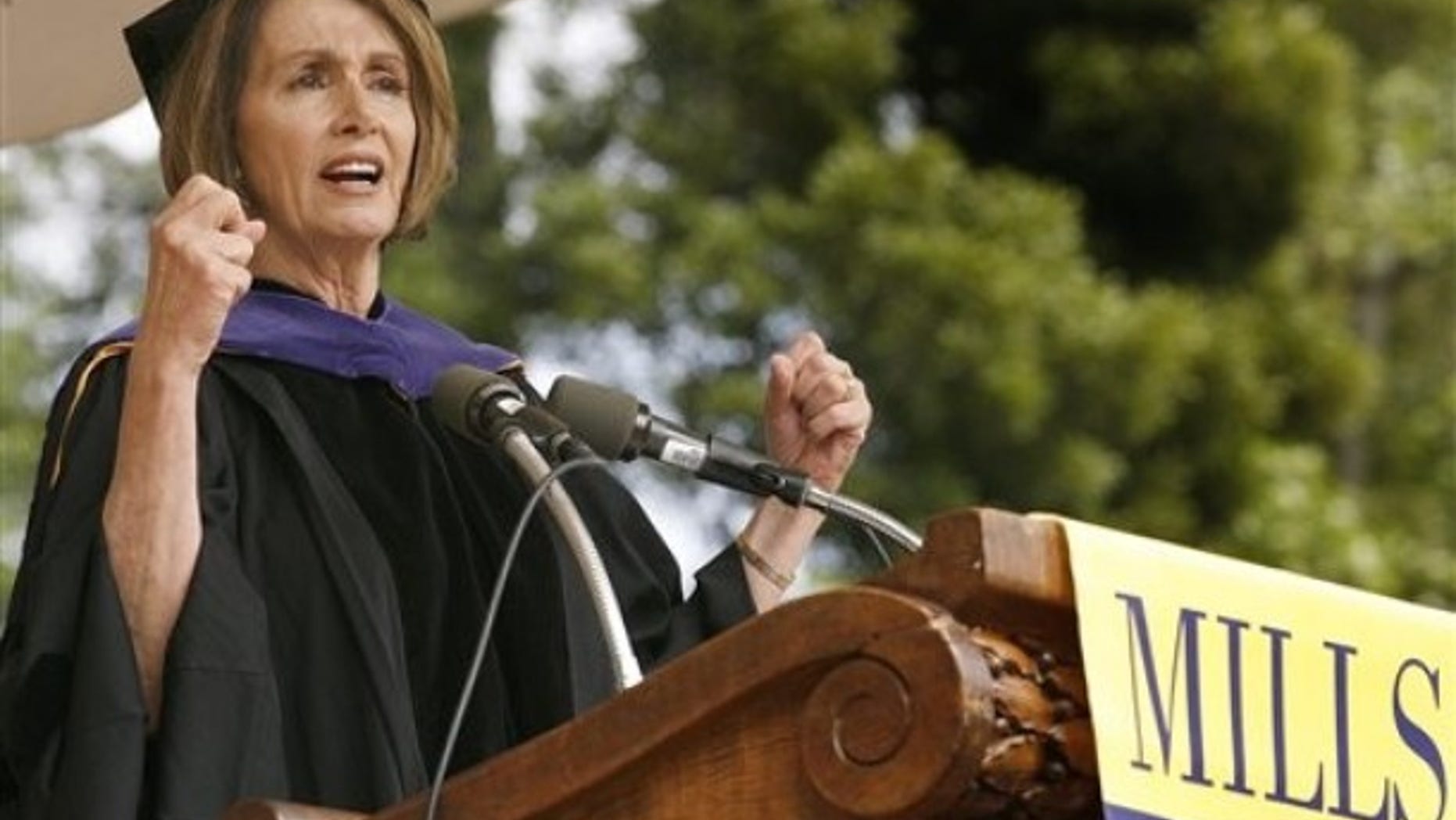House Speaker Nancy Pelosi speaks during commencement exercises at Mills College, in Oakland, Calif., Saturday, May 15, 2010. ( AP Photo/Tony Avelar)