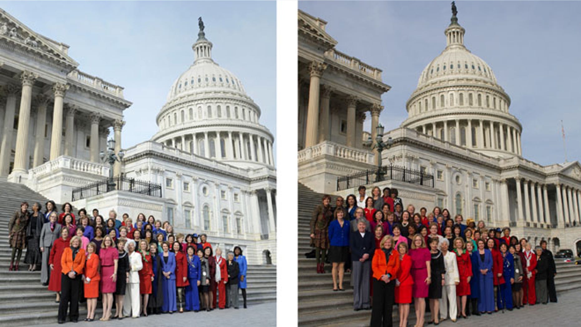 This combo of two photos shows, at left, an Associated Press photo taken Jan. 3, 2013 of female Democratic House members on Capitol Hill, and at right, a screen grab from Rep. Nancy Pelosi's Flickr page of an altered photo. Four additional members who were late to the original shoot were added in the back row.