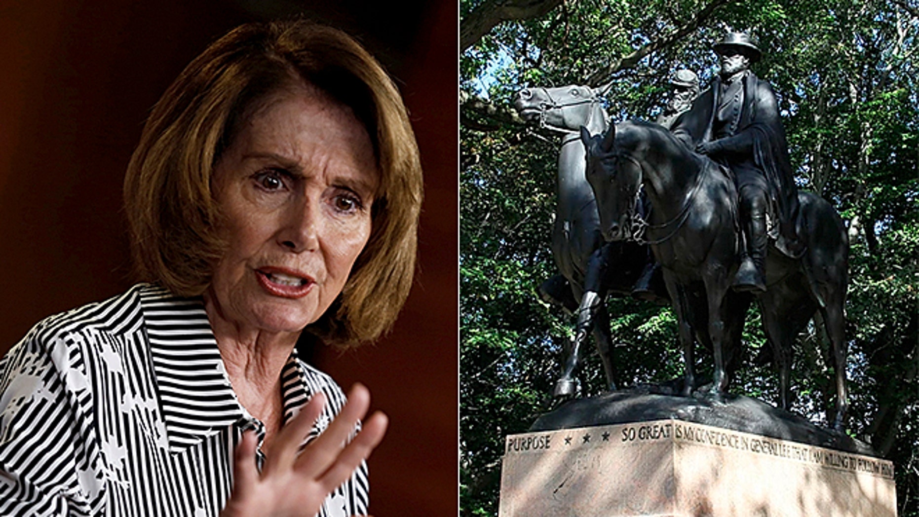 At left, House Minority Leader Nancy Pelosi; at right, the Lee-Jackson monument in Baltimore, Md. 