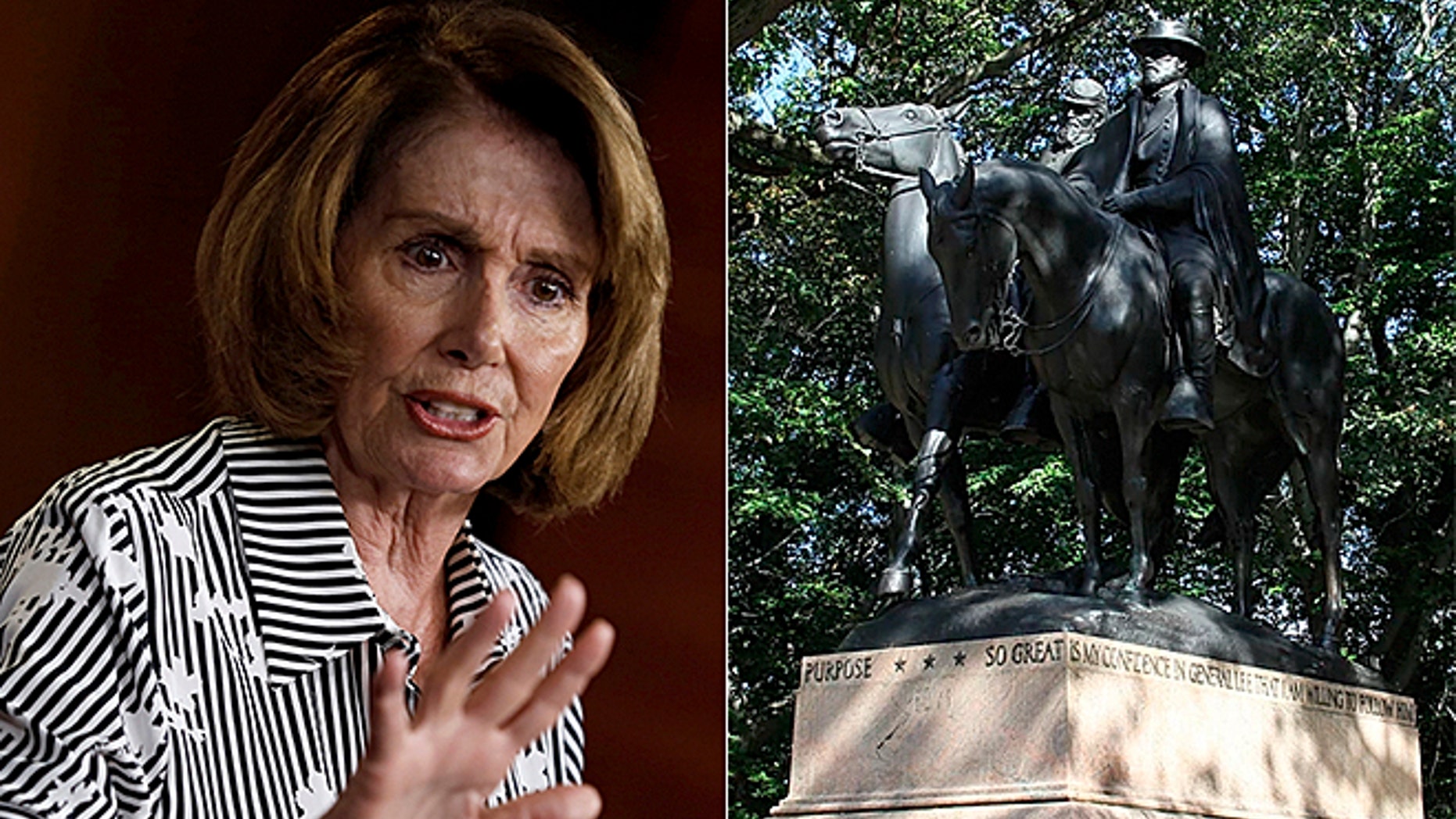 At left, House Minority Leader Nancy Pelosi; at right, the Lee-Jackson monument in Baltimore, Md.