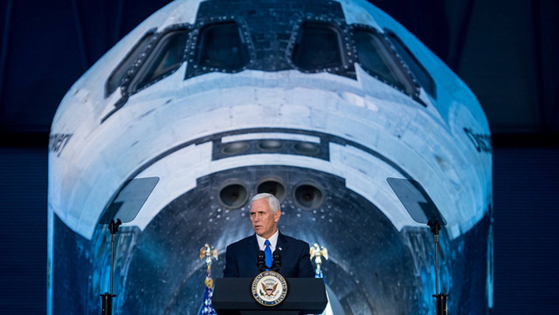 Vice President Mike Pence delivers opening remarks during the National Space Council's first meeting on Oct. 5, 2017 at the Smithsonian National Air and Space Museum's Steven F. Udvar-Hazy Center in Chantilly, Va.