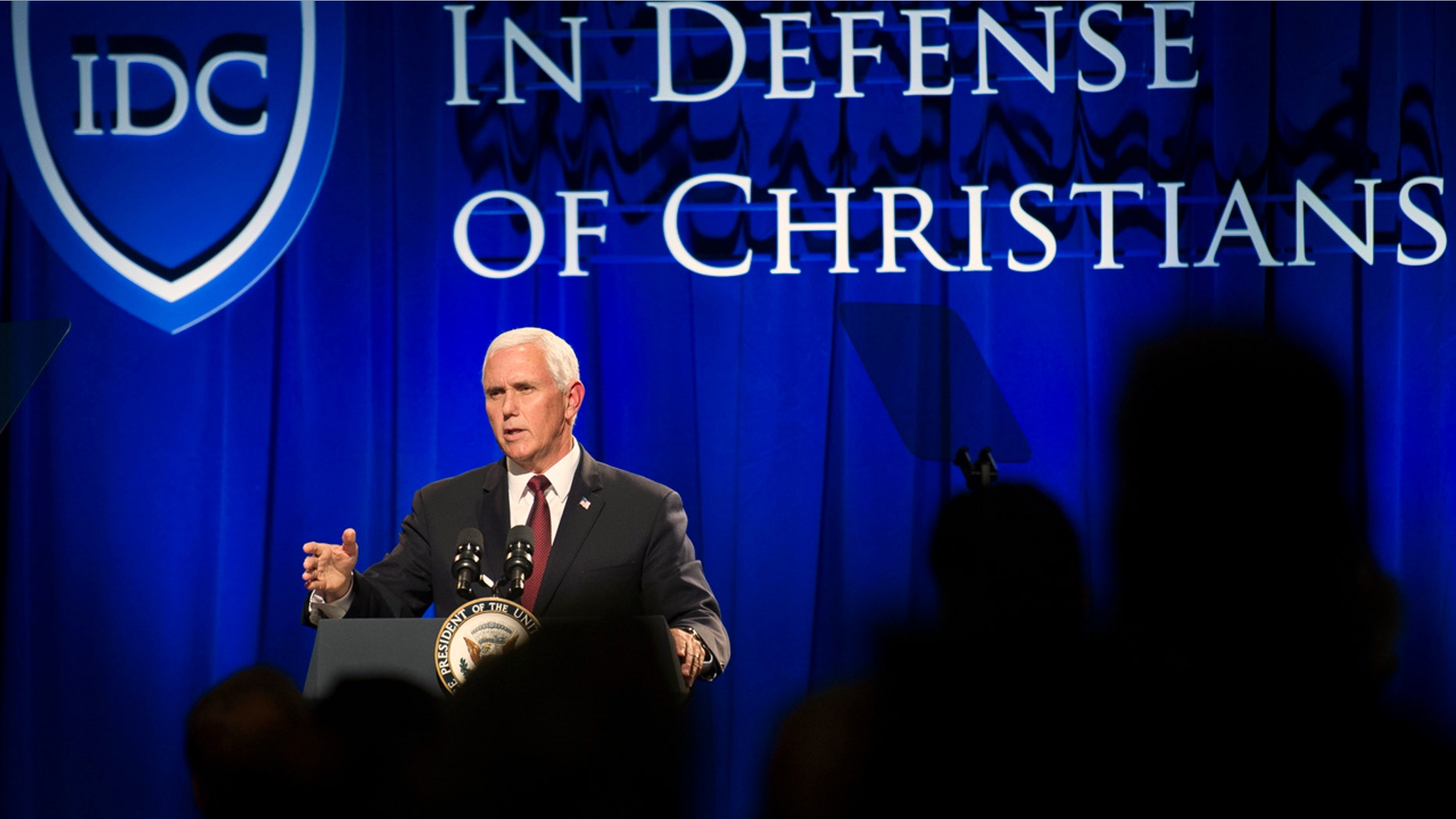 Vice President Mike Pence addresses the In Defense of Christians' fourth-annual national advocacy summit in Washington, Oct. 25, 2017.
