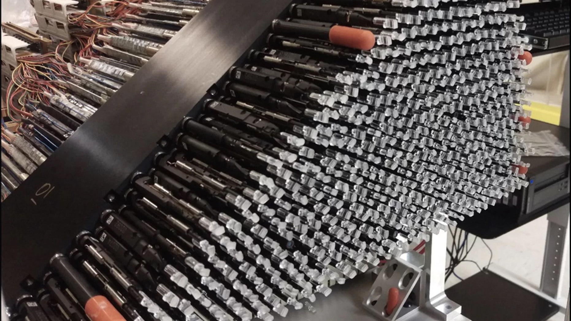 The 5,000 pencil-size robots will fit snugly inside 10 wedge-shaped petals. Here, one of those wedges is fully stocked with 500 robots, each of which will swivel independently to gather light from a known group of space objects, including distant galaxies. Credit: DESI Collaboration