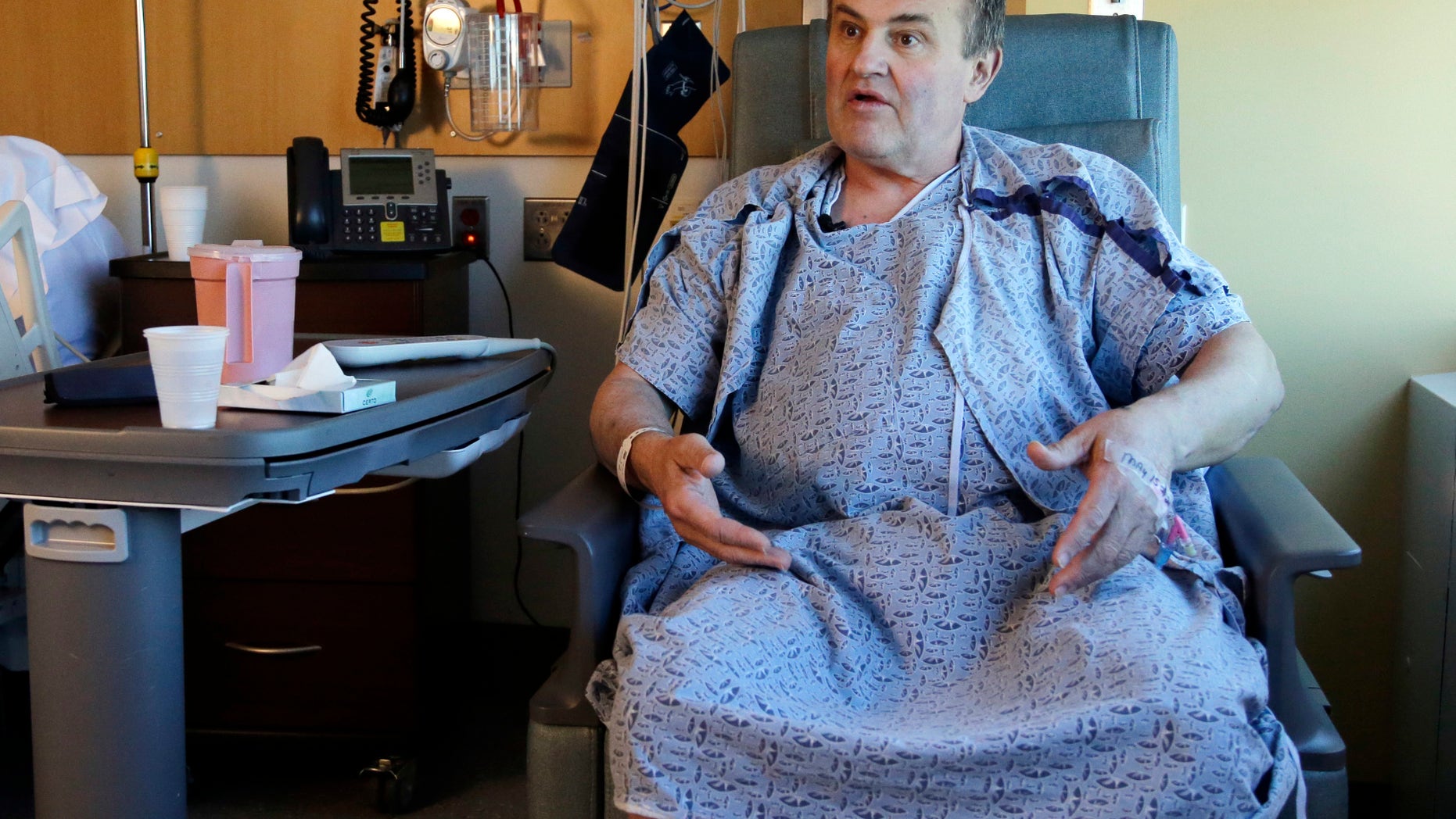 Thomas Manning, of Halifax, Mass. speaks from his hospital room at Massachusetts General Hospital, Wednesday, May 18, 2016, in Boston. Manning is the first man in the United States to undergo a penis transplant. He received the organ from a deceased donor. (AP Photo/Elise Amendola)