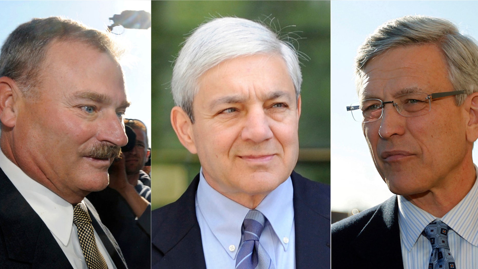 This file combination photo shows former Penn State Vice President Gary Schultz, left, former Penn State Director of Athletics Tim Curley, right, and former Penn State President Graham Spanier, center, in Harrisburg, Pa.