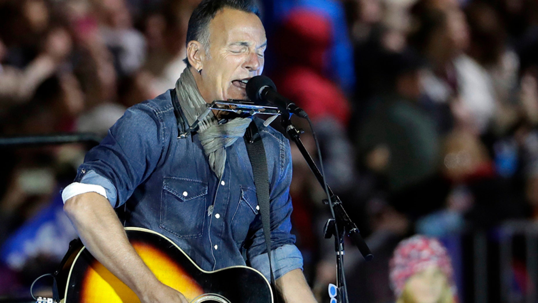 In this Nov. 7, 2016, file photo Bruce Springsteen performs during a Hillary Clinton campaign event at Independence Mall in Philadelphia.