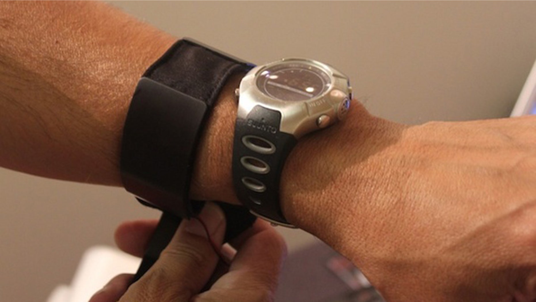 A makeshift armband will one day become a wrist strap that could power this watch.