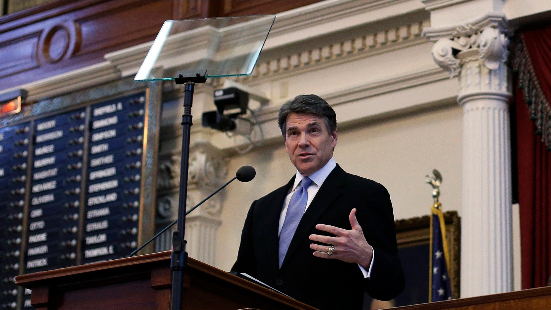 Texas Gov. Rick Perry addresses the opening session of the 83rd Texas Legislature, Tuesday, Jan. 8, 2013, in Austin, Texas. Texas legislators opened their 140-day session Tuesday poised to debate how to pay for public schools, decide whether to drug test unemployment recipients and possibly confront a mounting water crisis under the strain of a rapidly growing population. (AP Photo/Eric Gay)