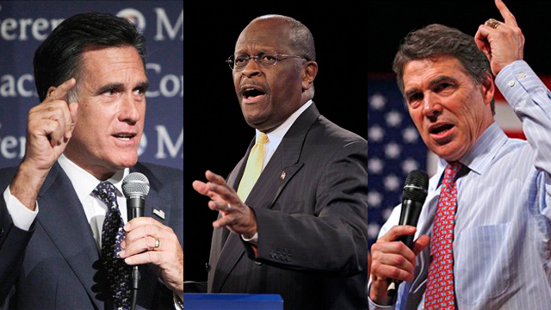 Shown here are former Massachusetts Gov. Mitt Romney, left, businessman Herman Cain, center, and Texas Gov. Rick Perry.