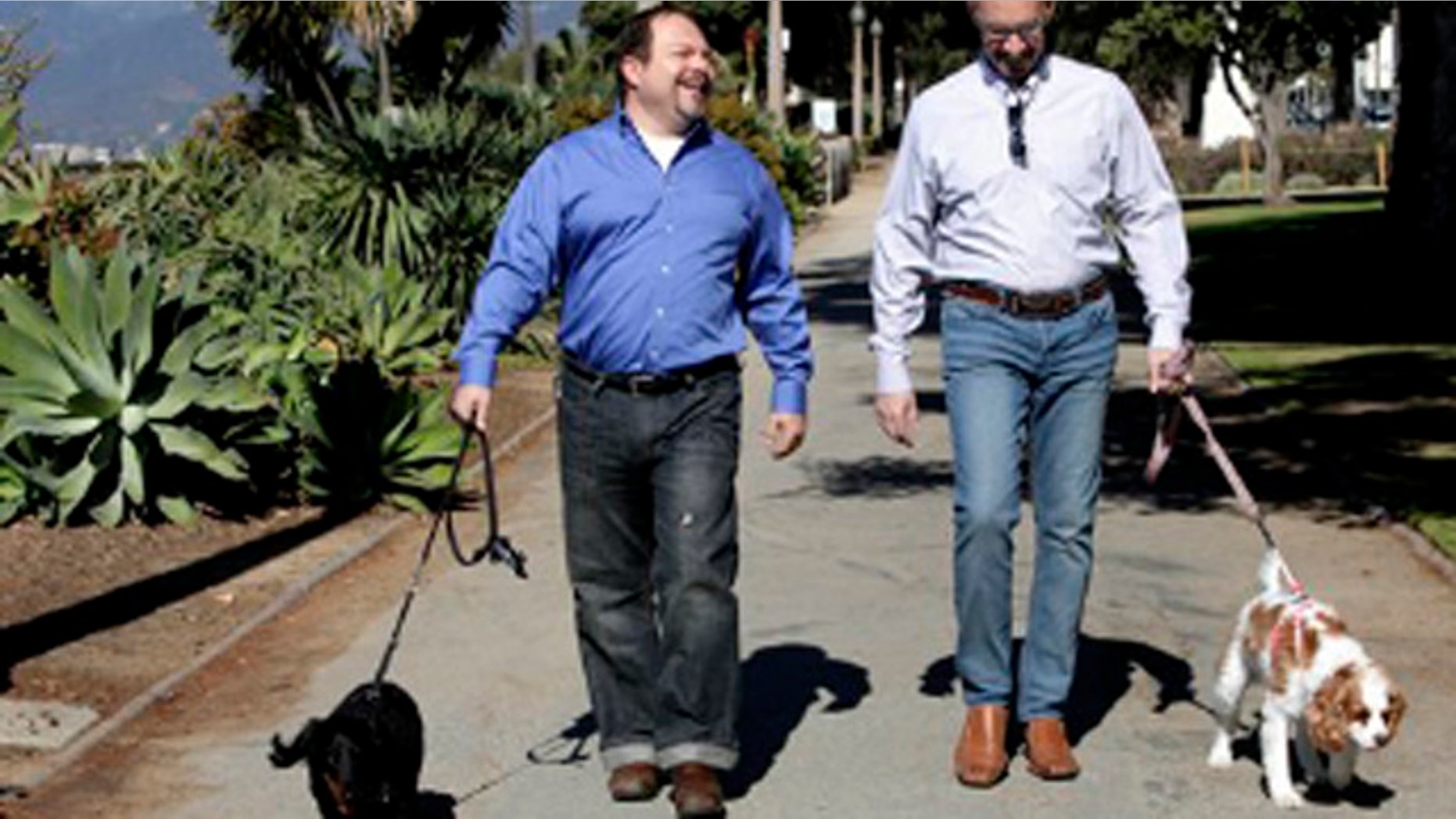 Feb. 23, 2012: This photo shows Steven May, right walking with his dog, Winnie beside his attorney, David Pisarra, walking his dog, Dudley in Santa Monica, Calif.