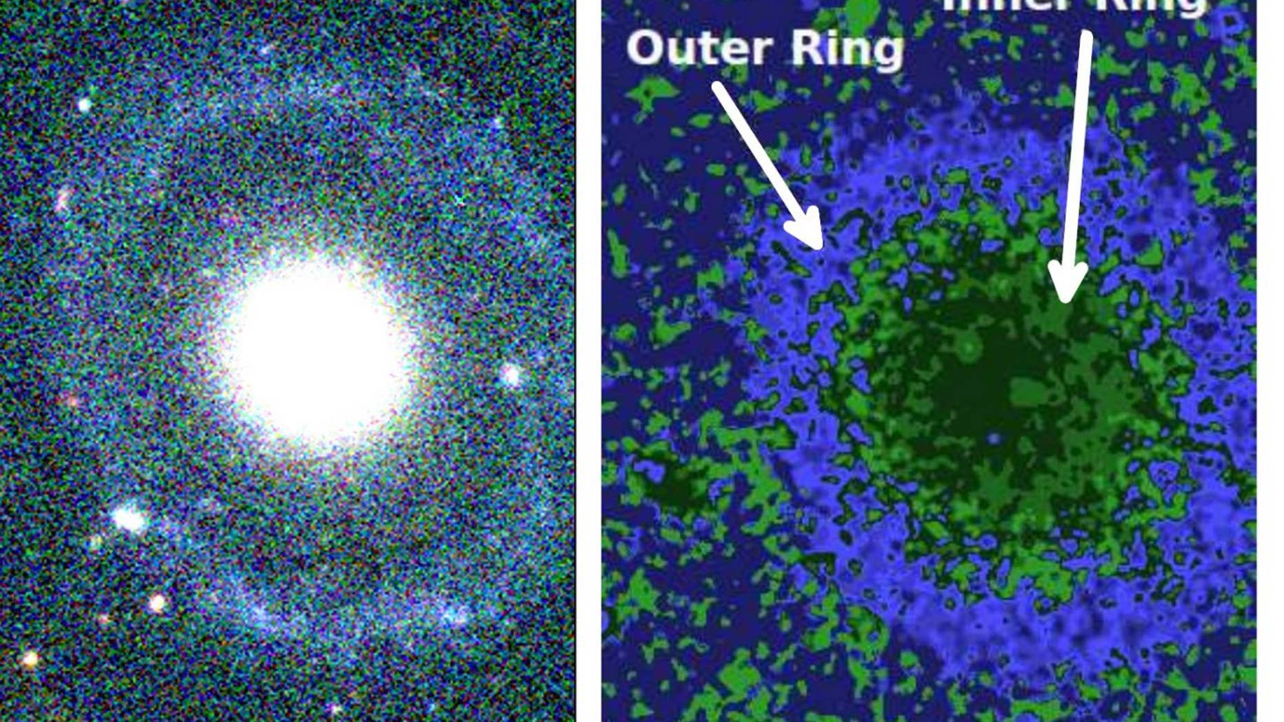 The newfound ringed galaxy PGC 1000714, seen here in a telescope image, is one of the rarest types of galaxies ever observed. The left panel shows a false-color image of PGC 1000714, while the right panel highlights the galaxy's outer ring (blue) and diffuse inner ring (light green).