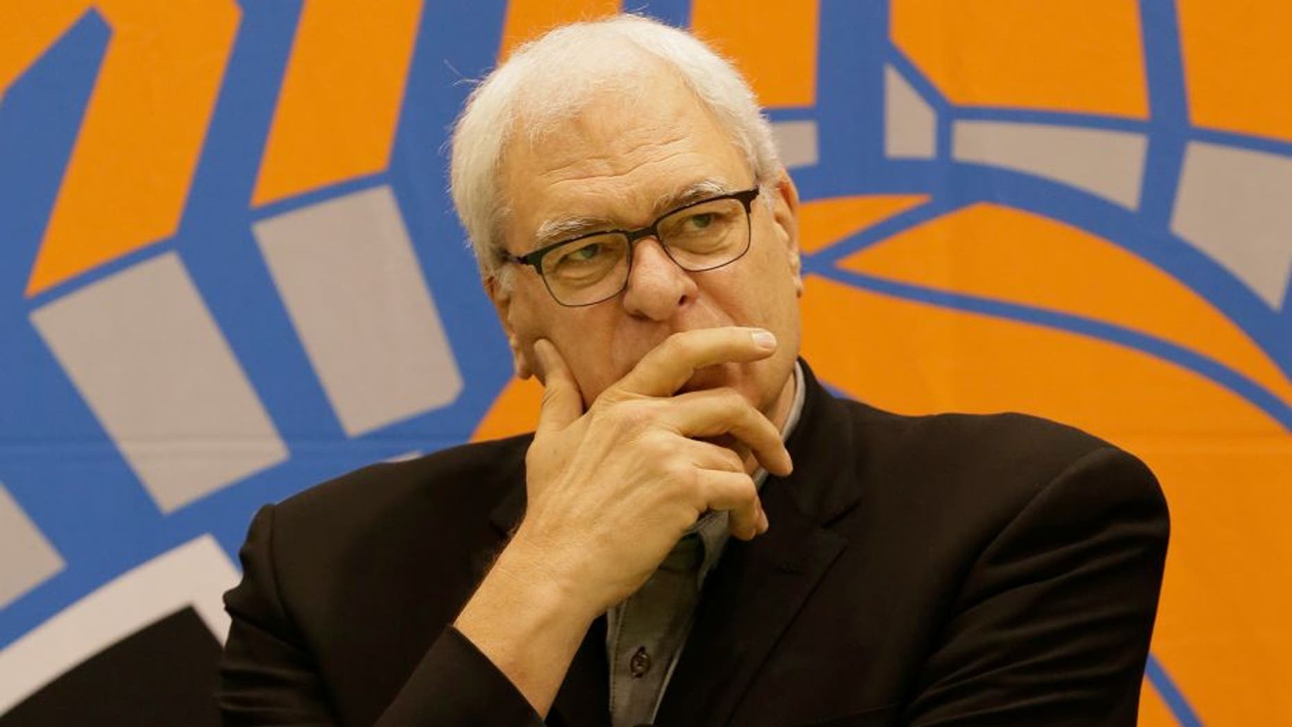 TARRYTOWN, NY - JUNE 26: New York Knicks President Phil Jackson speaks to the media at the Madison Square Garden Training Facility on June 26, 2015 in Tarrytown, New York. NOTE TO USER: User expressly acknowledges and agrees that, by downloading and or using this photograph, User is consenting to the terms and conditions of the Getty Images License Agreement. Mandatory Copyright Notice: Copyright 2015 NBAE (Photo by Steven Freeman/NBAE via Getty Images)