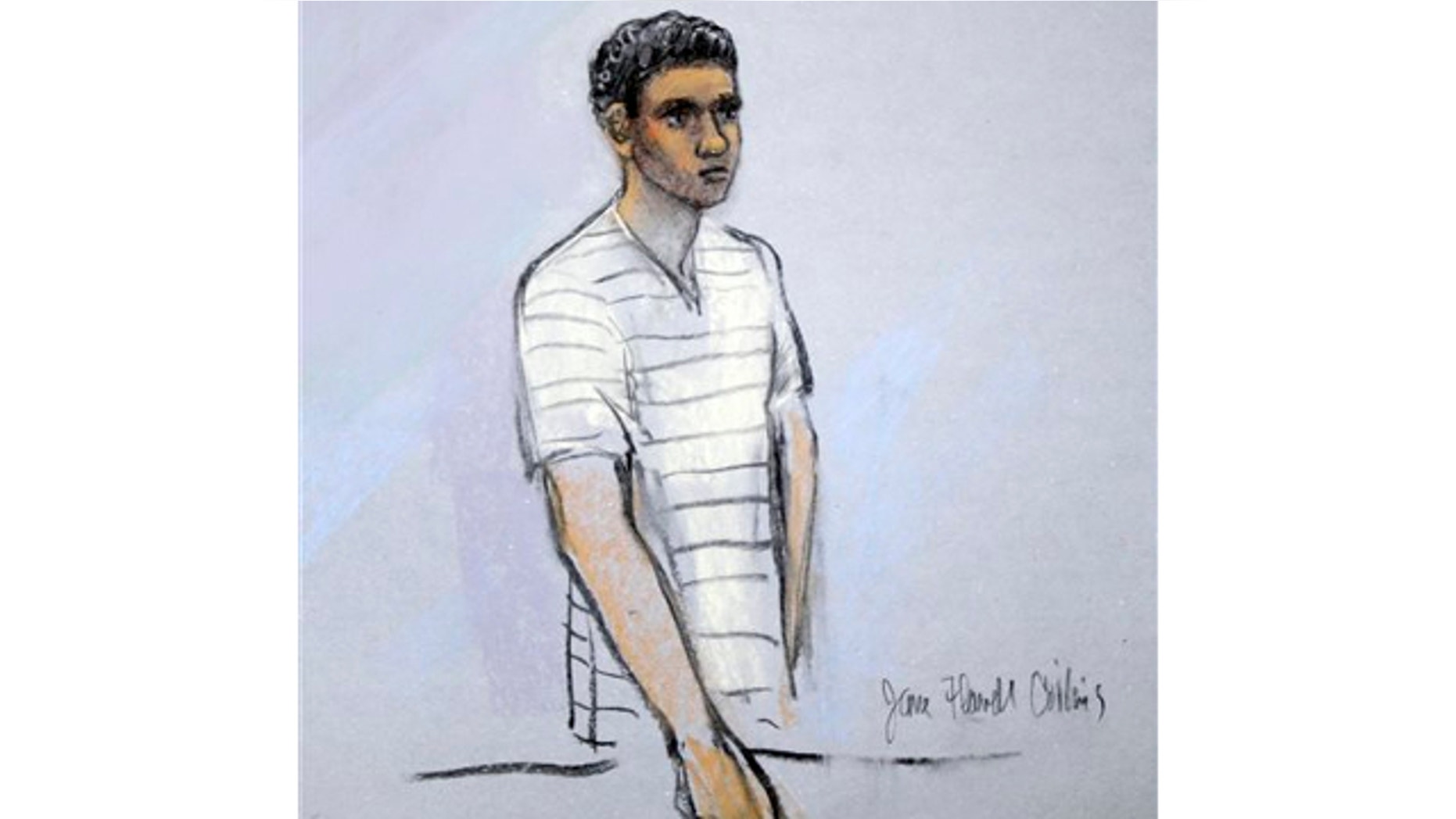 May 1, 2013: This courtroom sketch shows defendant Robel Phillipos appearing in front of Federal Magistrate Marianne Bowler at the Moakley Federal Courthouse in Boston, Mass.